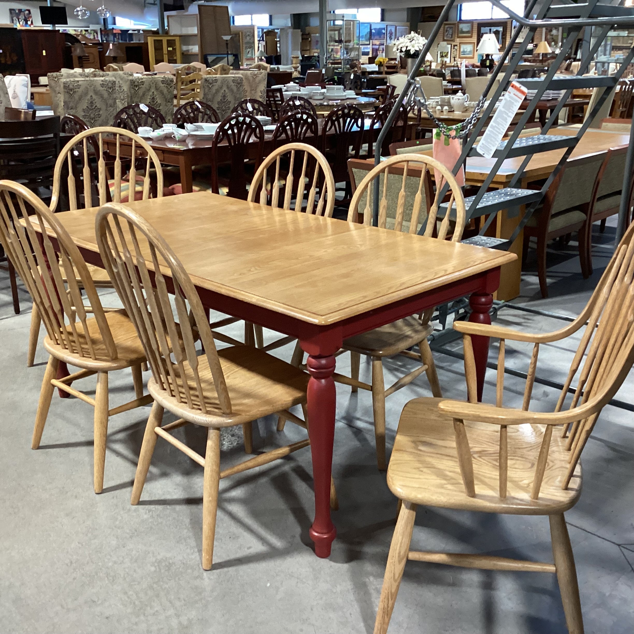 Country Oak & Red Legs 1 Leaf Table with 6 Oak Chairs Dining Set 66.5"x 36.5"x 30"