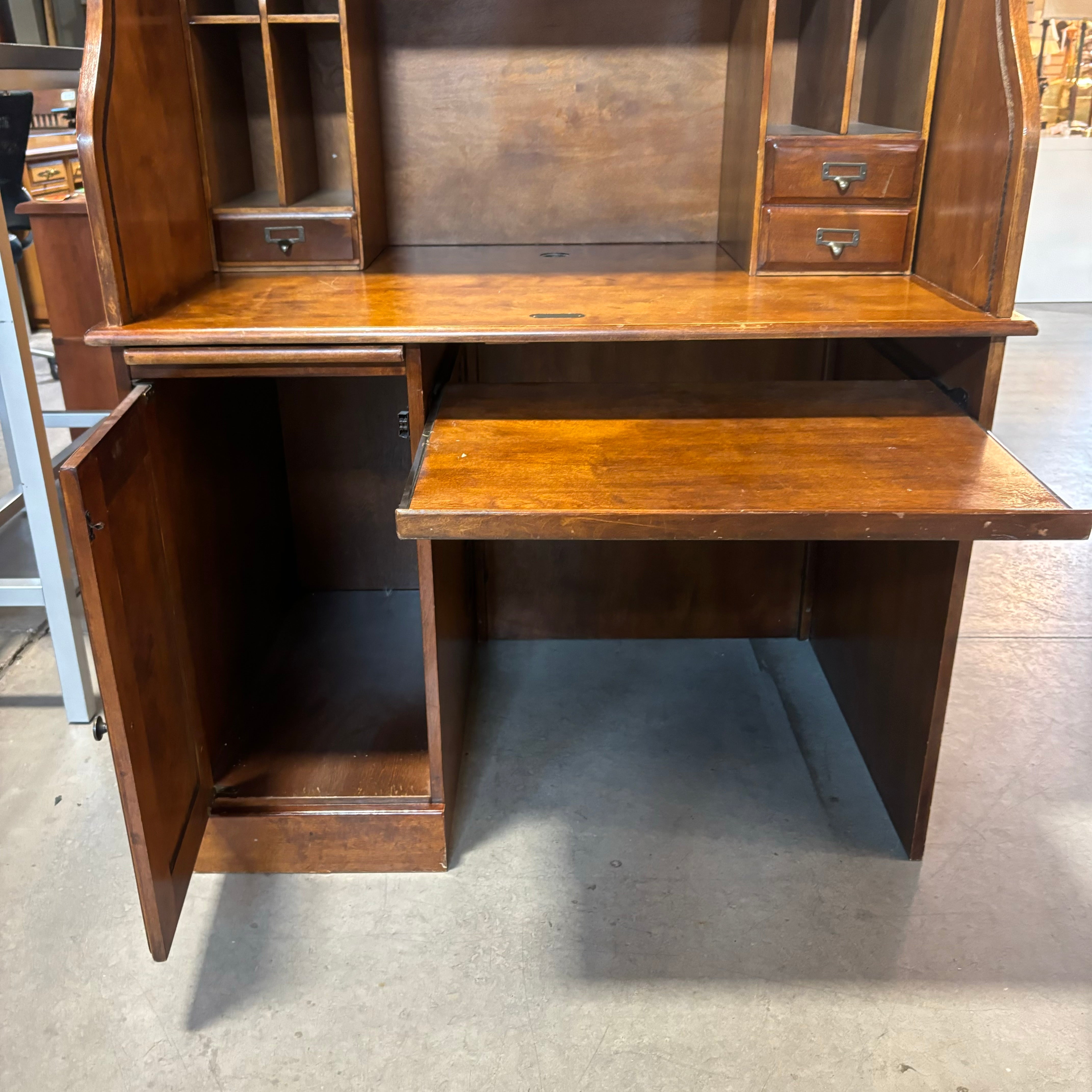Dark Finish Wood 1 Door 2 Drawer & Pullout Surface Roll Top Desk 42.5"x 29"x 49"