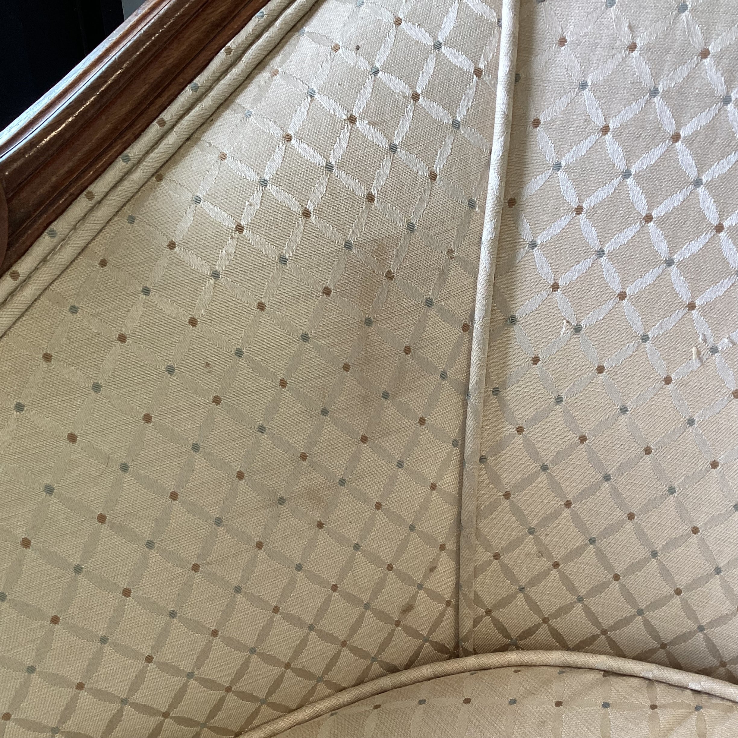 Antique Carved Oak & Golden Lattice Style Upholstery French Provincial Chair 32.5"x 34"x 38"