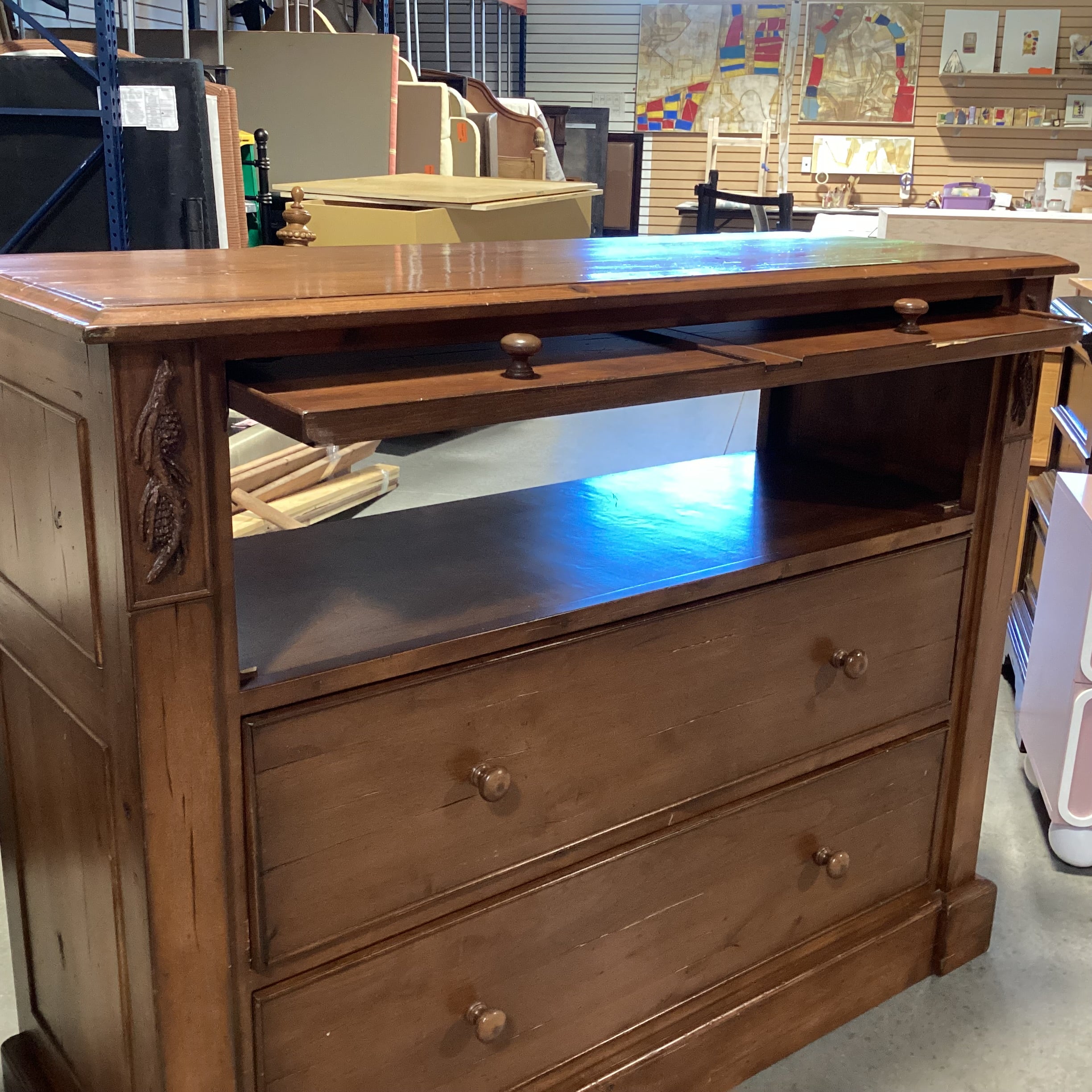 Distressed Finish Carved Pine Cone Wood 2 Drawer & Lift Top Media Dresser 34"x 20"x 43"