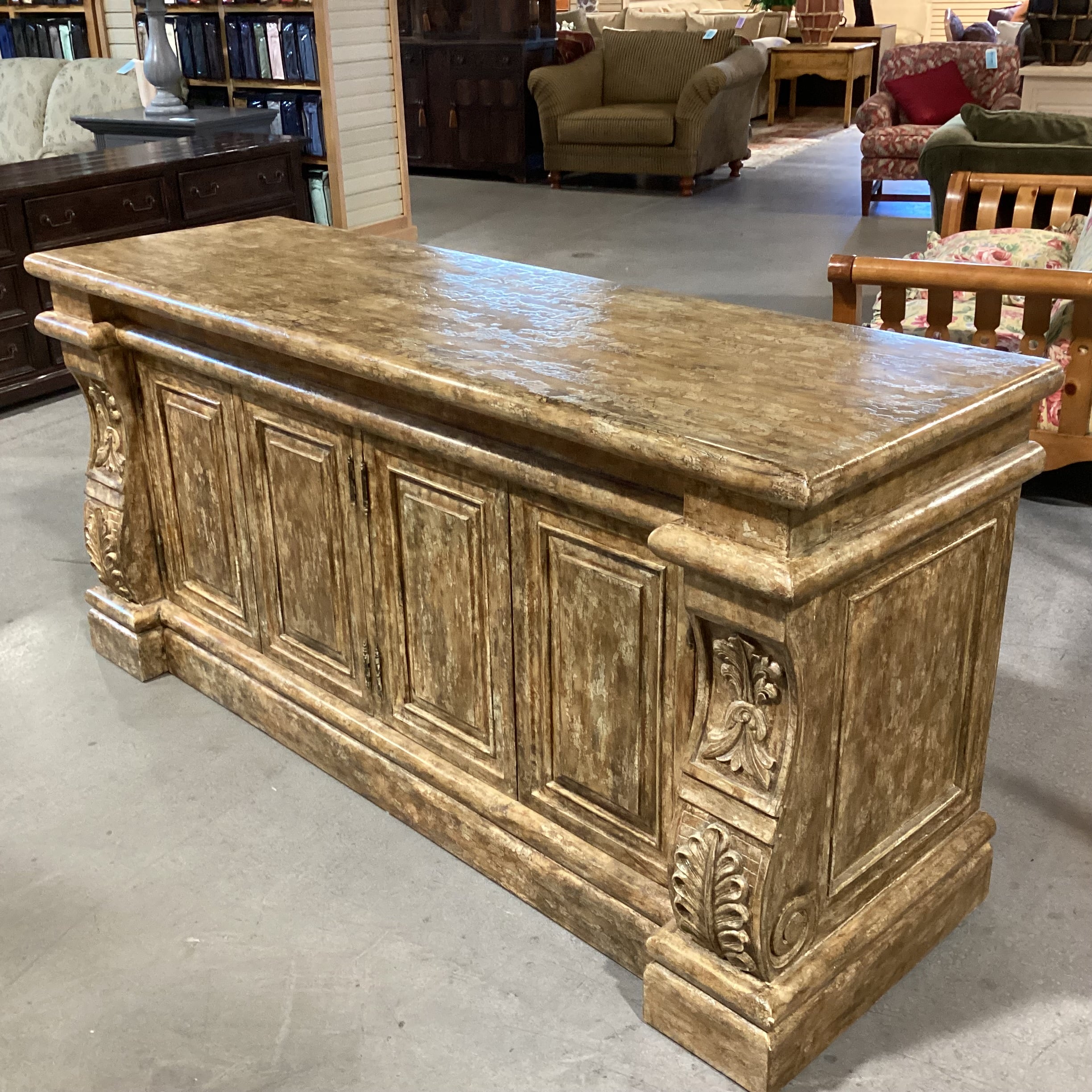 Golden Textured Distressed Finish Ornate Carved Wood 4 Door Credenza 72"x 22.5"x 34"