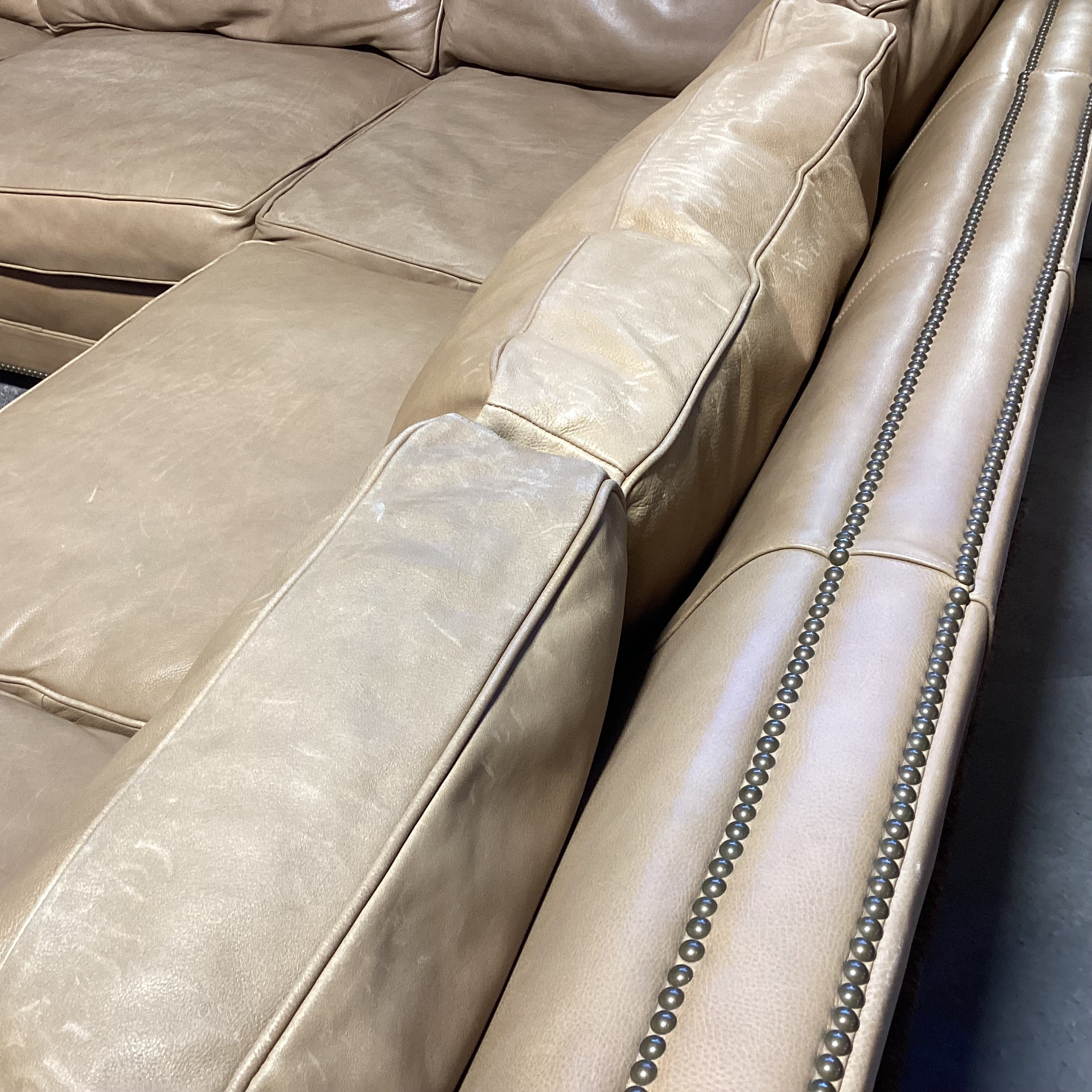 Restoration Hardware Tan Leather Nailhead Down Mix 2 Piece Sectional 145"x 112"x 44"x 31"