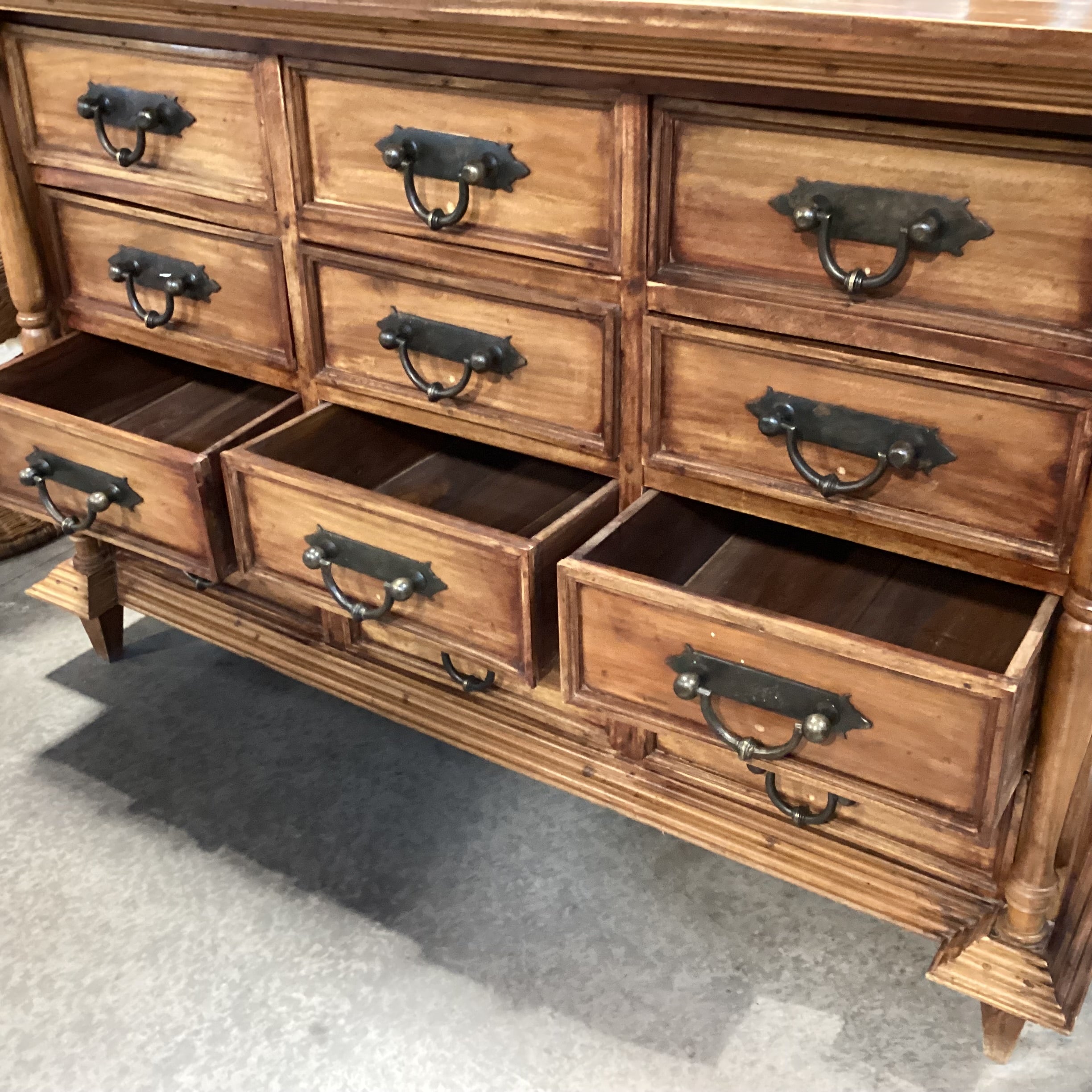 Solid Rustic Carved Wood & Iron 12 Drawer Dresser 68"x 26"x 45.5"