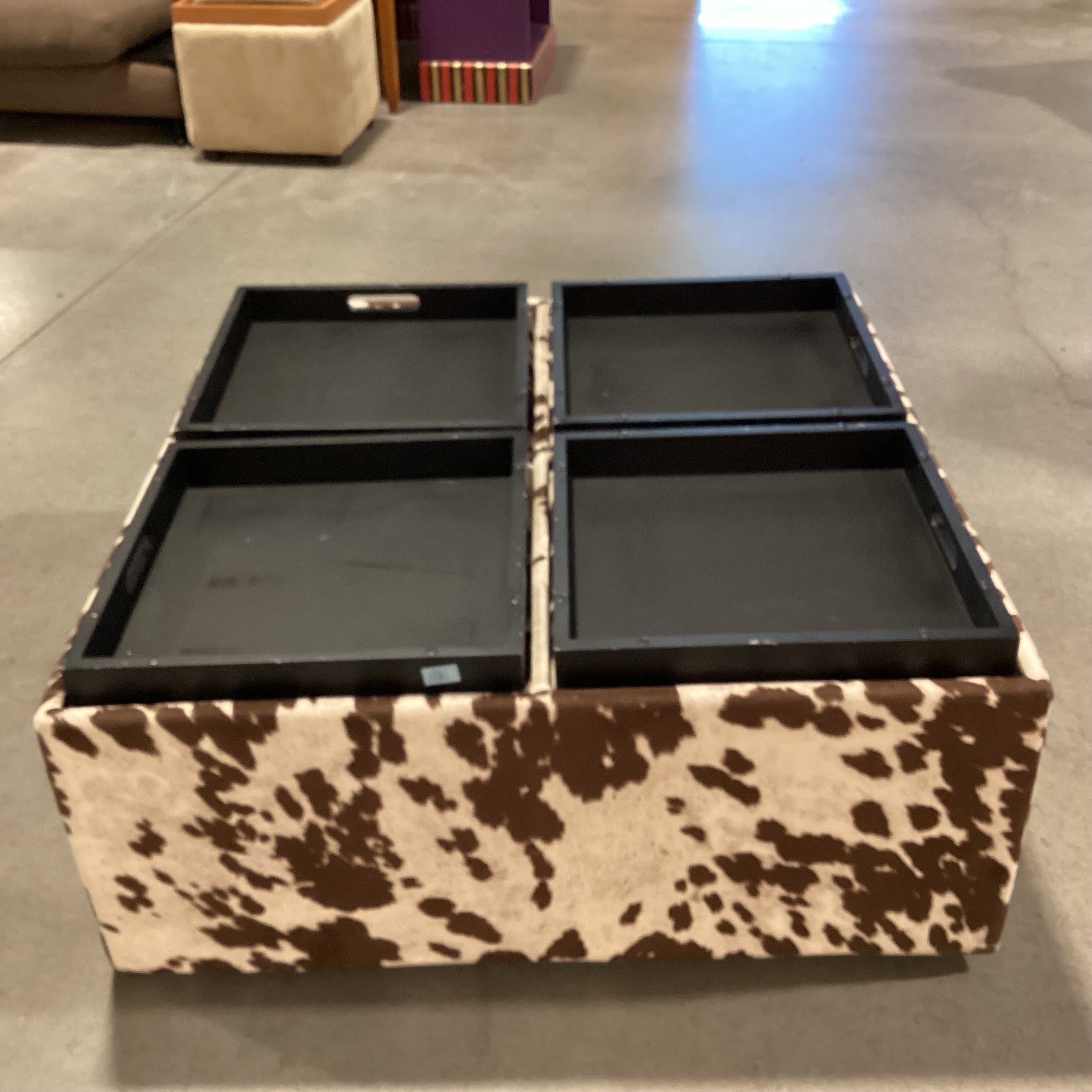 Faux Cowhide 4 Section Storage with Flip Top Tray Cocktail Ottoman 36"x 36"x 16"
