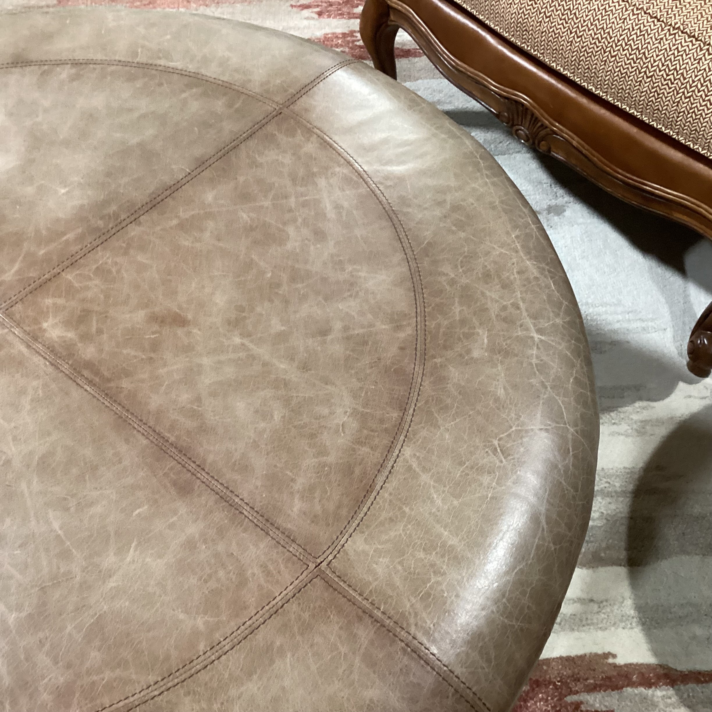 Carved Wood & Distressed Leather Round Ottoman 45" Diameter x 19.5"