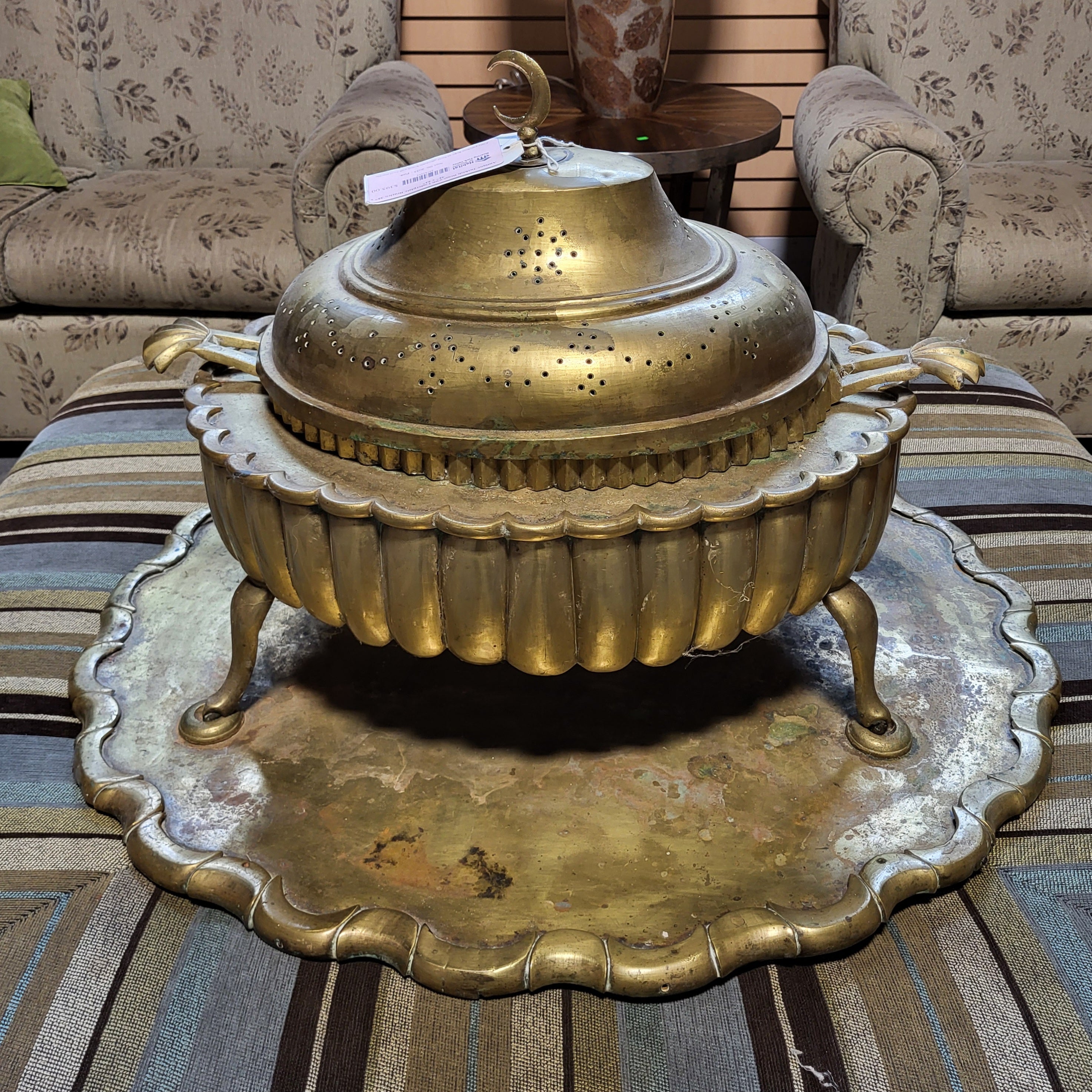 Antique Turkish Brass with Underplate Brazier, 35" x 32" x 23"