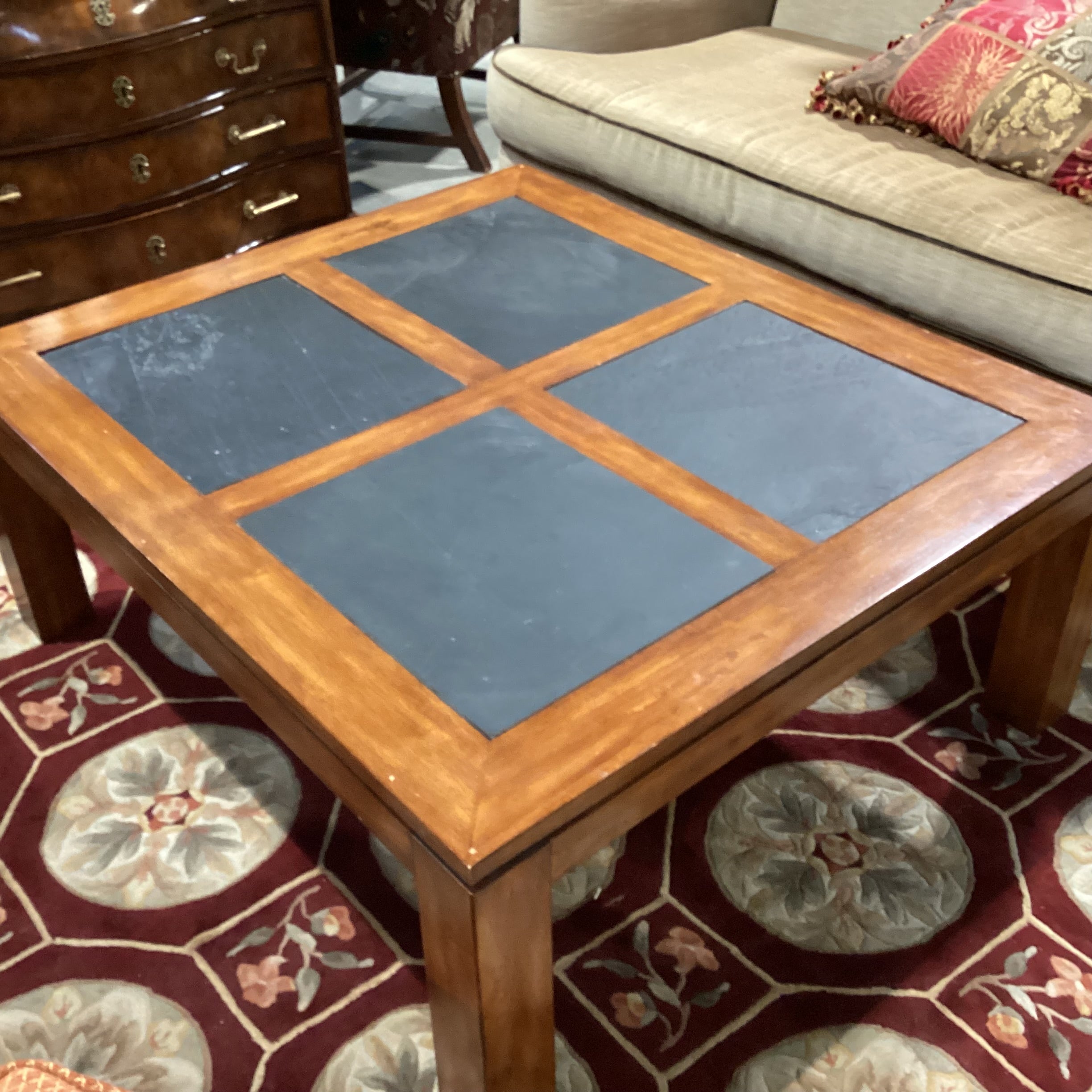 Finished Wood with Slate Tile Inset Coffee Table 42"x 48"x 19"