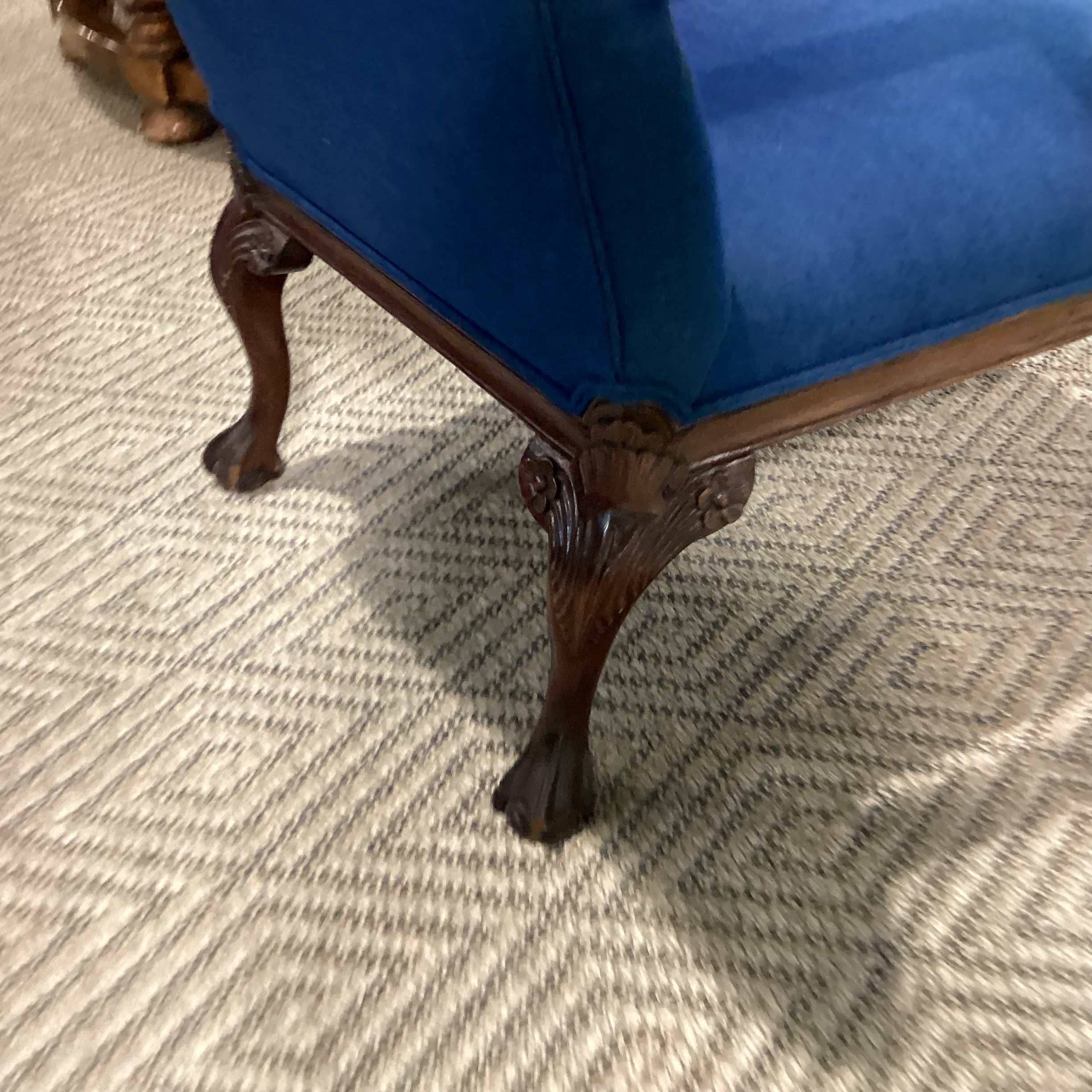 Antique Carved Wood Claw & Ball Foot & Denim Upholstered Chair 29"x 32"x 38"