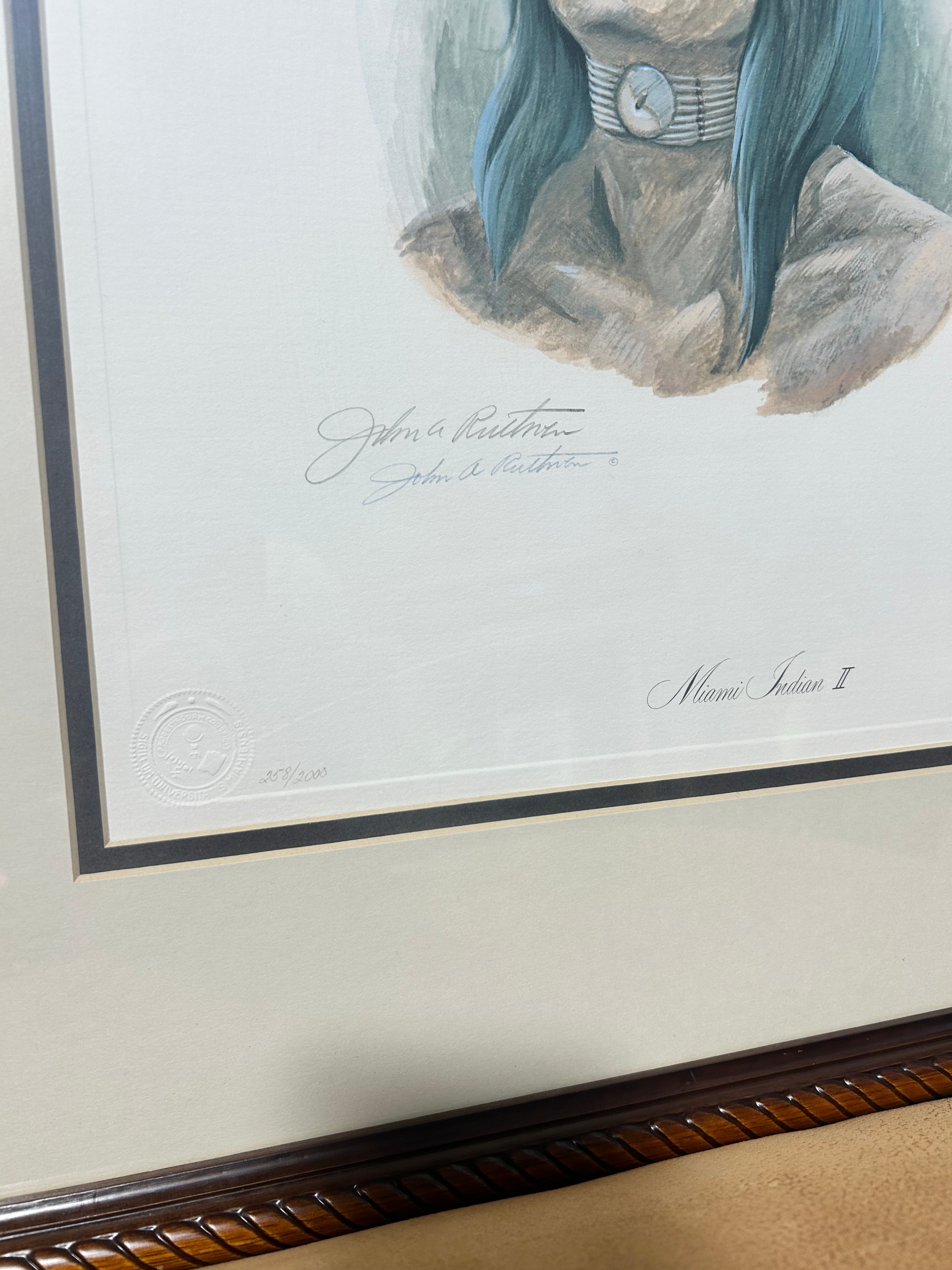John A.Ruthven Limited Edition Lithograph Print Titled Miami Indian II" 20"x 23"