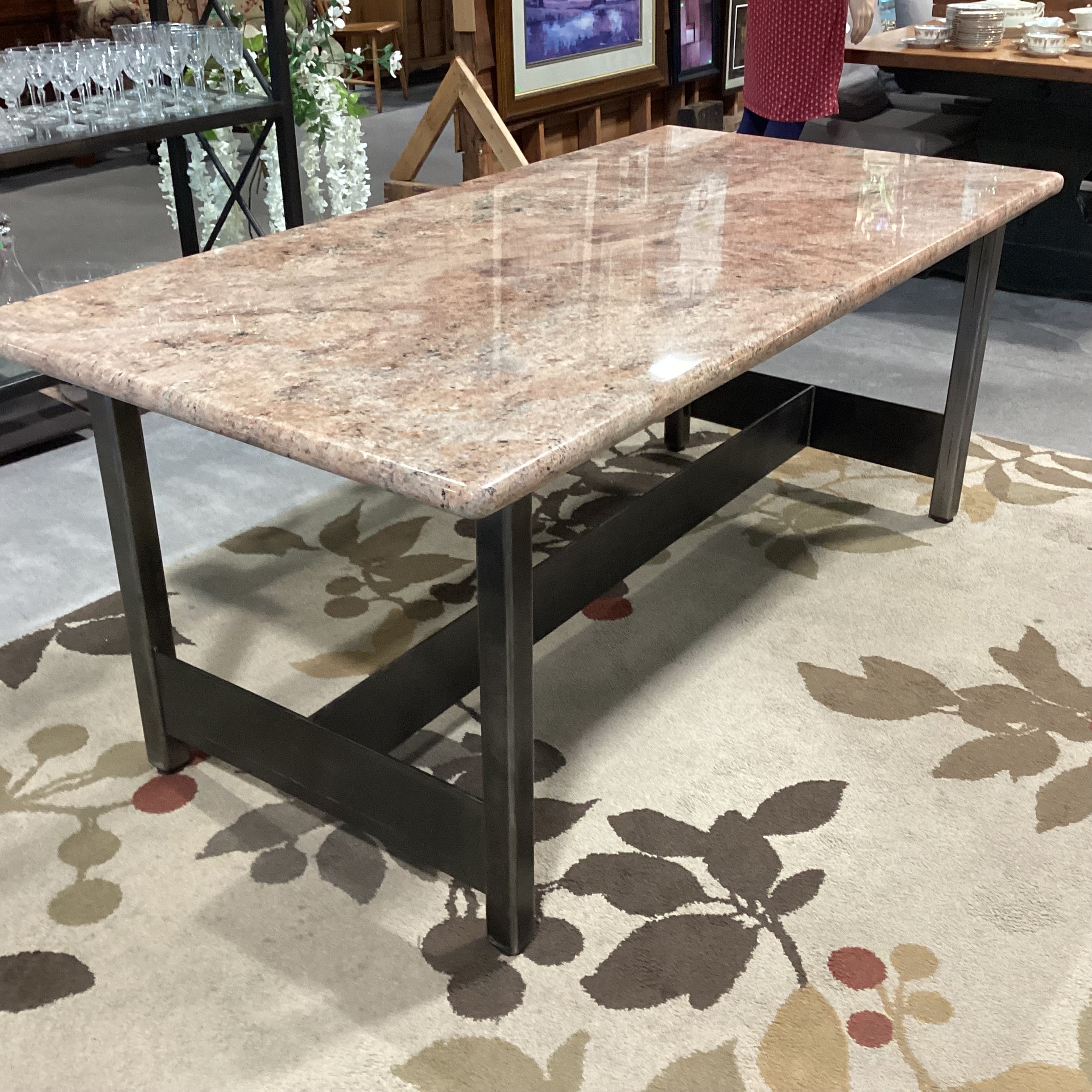 Peach Cream Black Stone Top with Steel Base Dining Table 72"x 36"x 30"