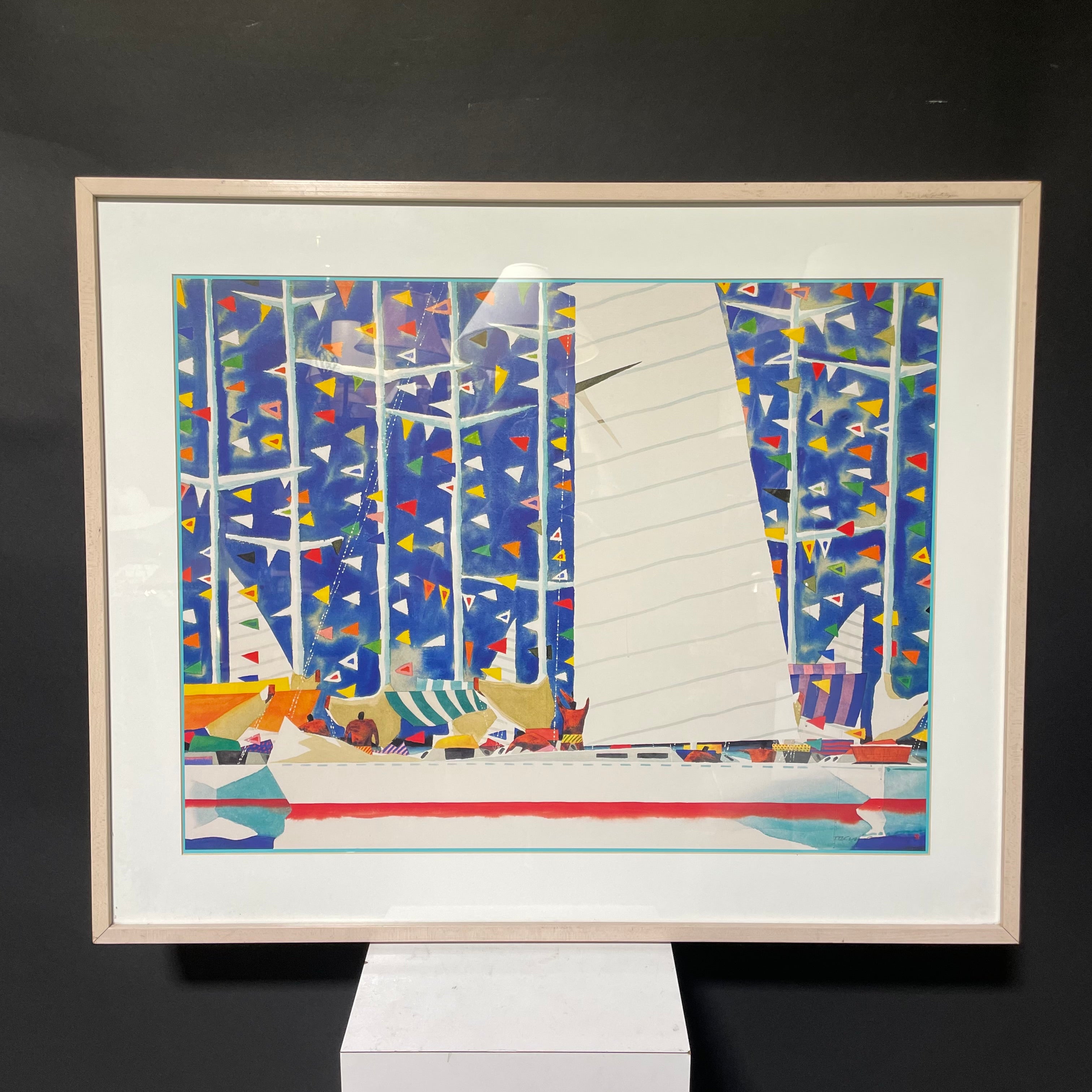 Ian Tremewen "Boats 'N The Harbour" Print In Light Wood Frame 37" x 30"