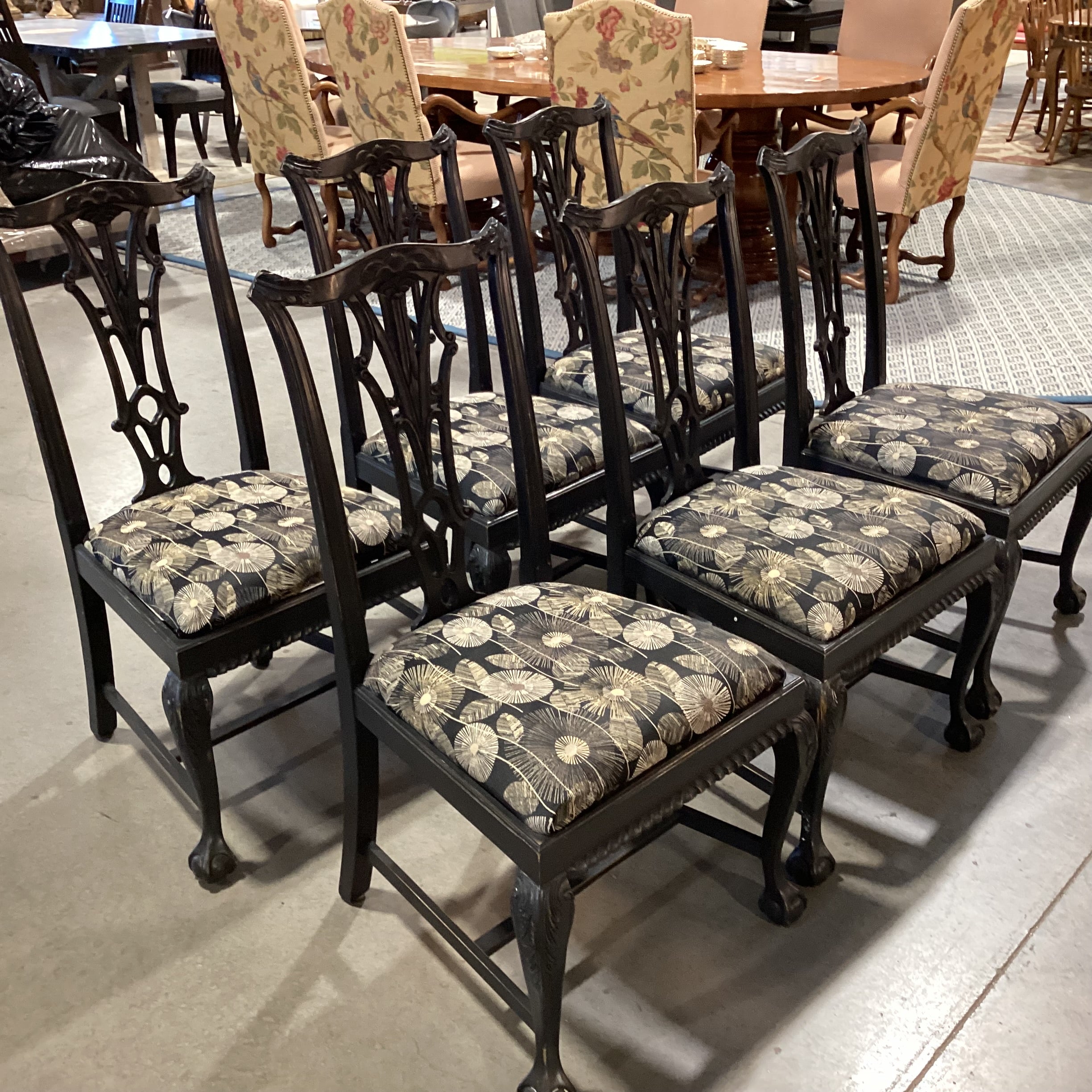 SET of 6 Ornate Carved Black Claw & Ball Wood Black Tan White Dandelion Dining Chairs 23"x 22"x 40"