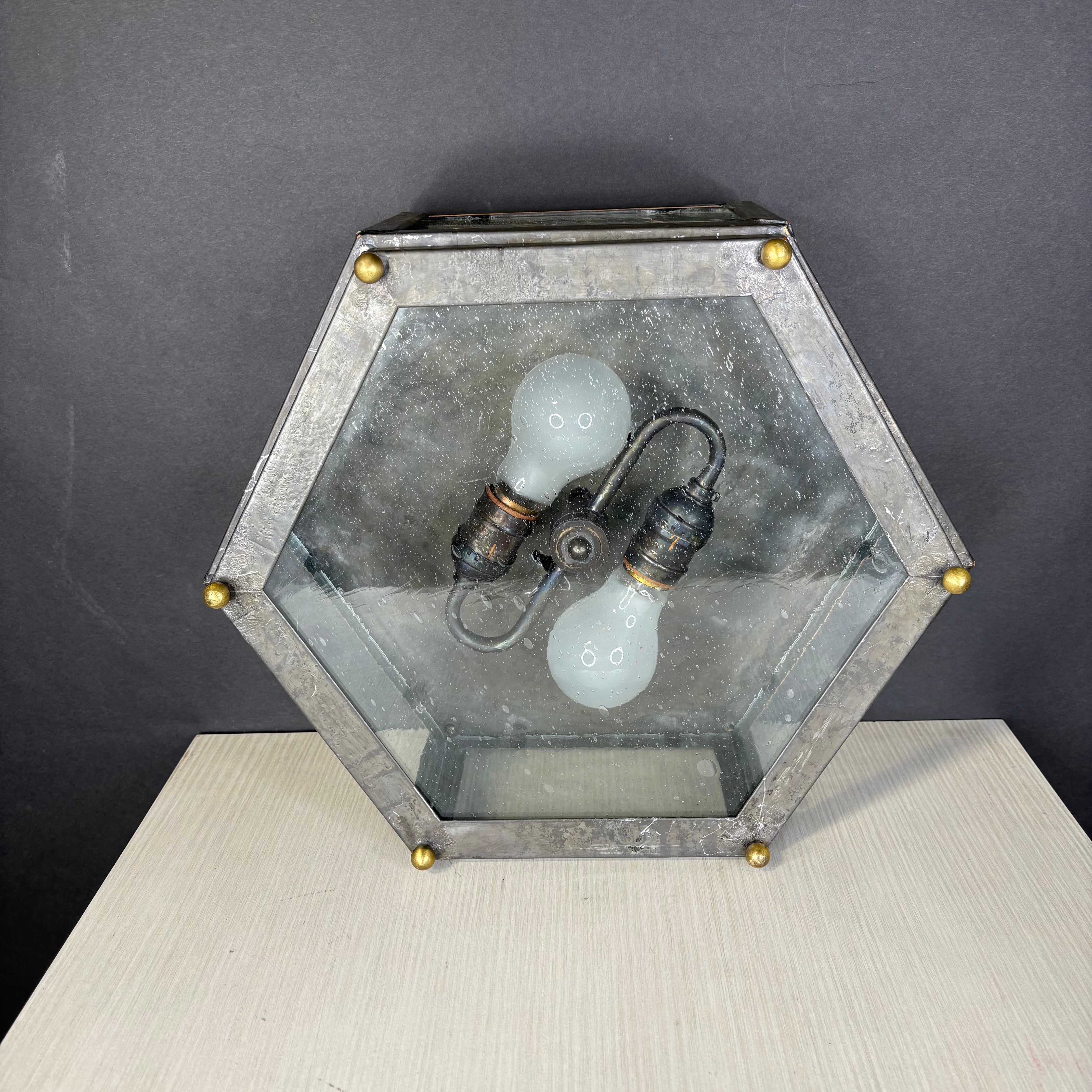 Mission Hill 2-Light Hexagonal Gunsmoke Metal and Brass Flush Mount Ceiling Pendant 14” Diameter x 6”