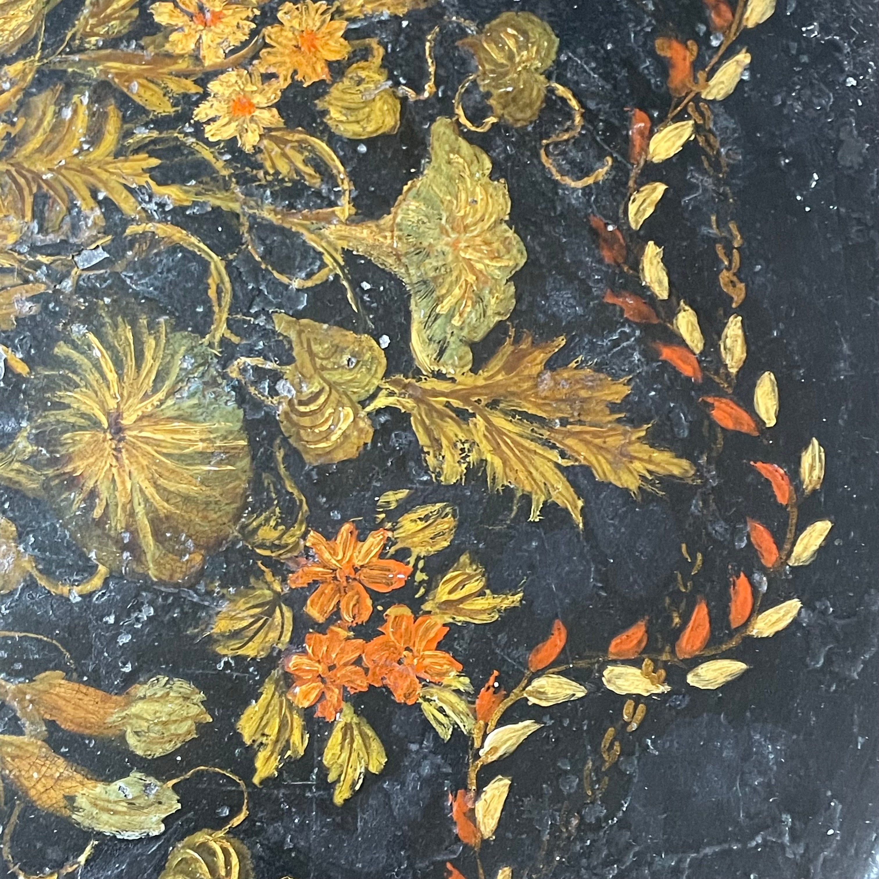 Antique Black Reticulated Edge Hand Painted Toleware Round Serving Tray, 17"x .75"