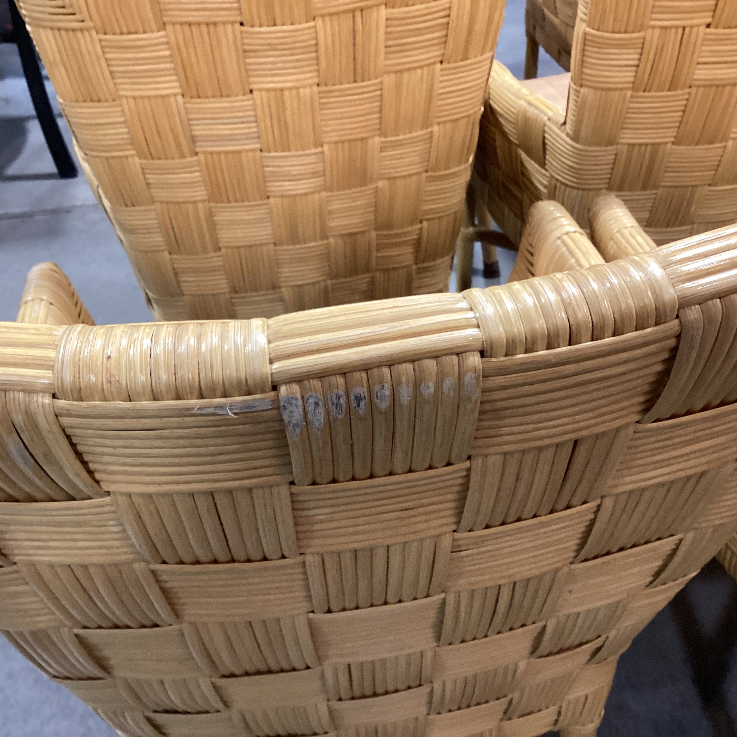 SET of 8 McGuire Style Square Basket Weave Rattan & Leather Strapping with Cushion Dining Chairs 24"x 26"x 36"