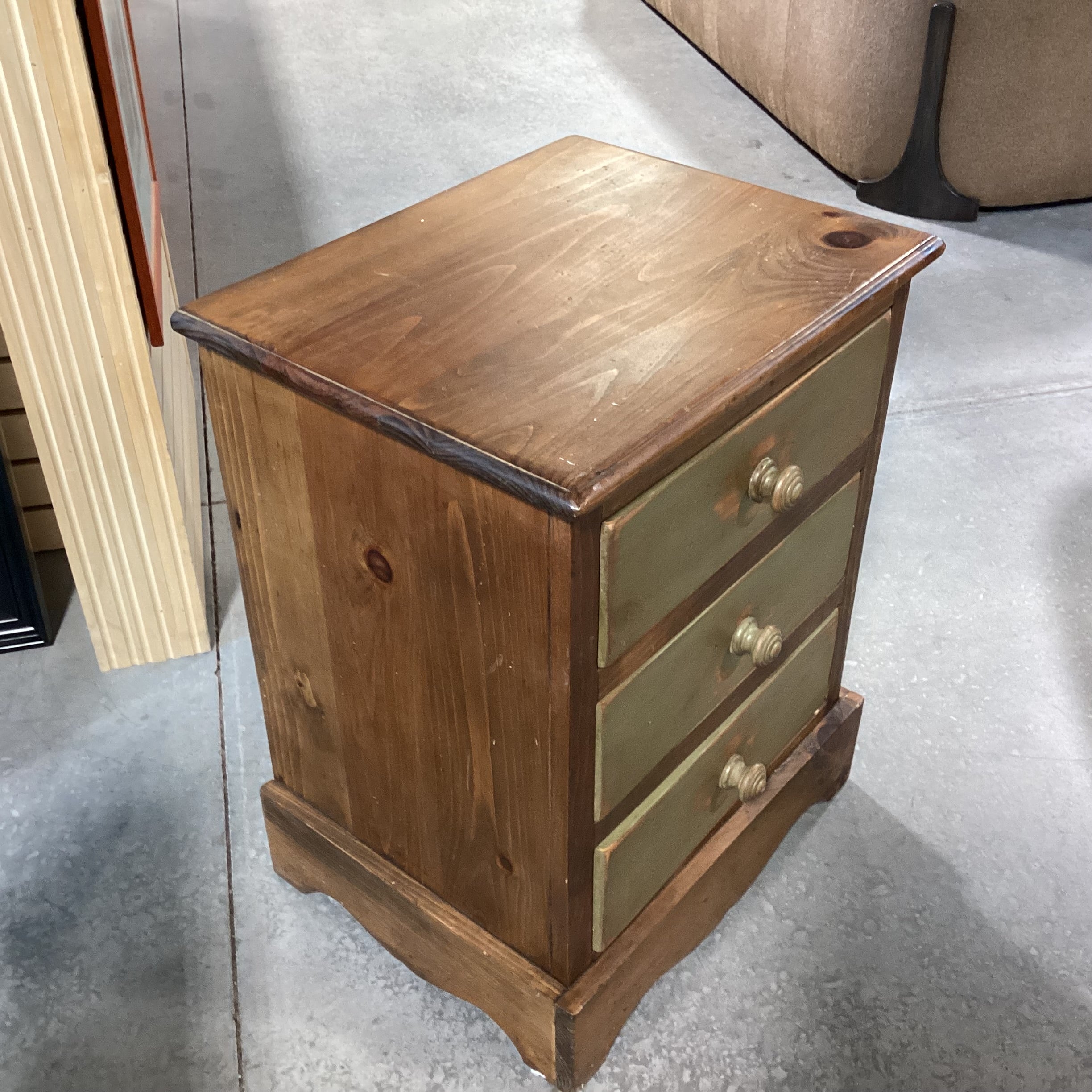 Rustic Distressed Pine with Olive Accent 3 Drawer Nightstand 20"x 16"x 26.5"
