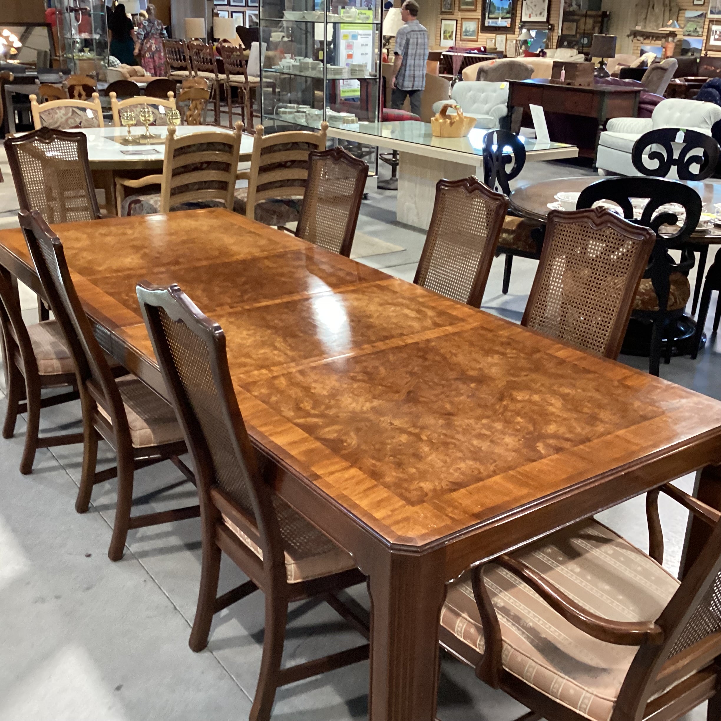 White Furniture Finished Wood & Burl Wood Veneer 2 Leaves Table with 8 Caned Chairs Dining Set 68" to 110"x 43"x 29.5"