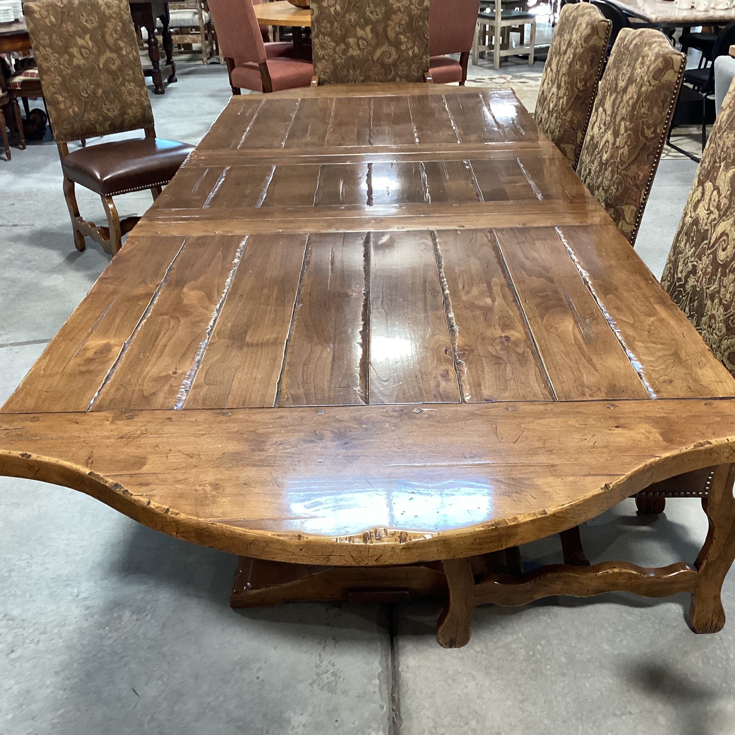 Distressed Finished Wood with Leaf & 8 Carved Wood Leather & Upholstery Chairs Dining Set 120"x 44"x 30"