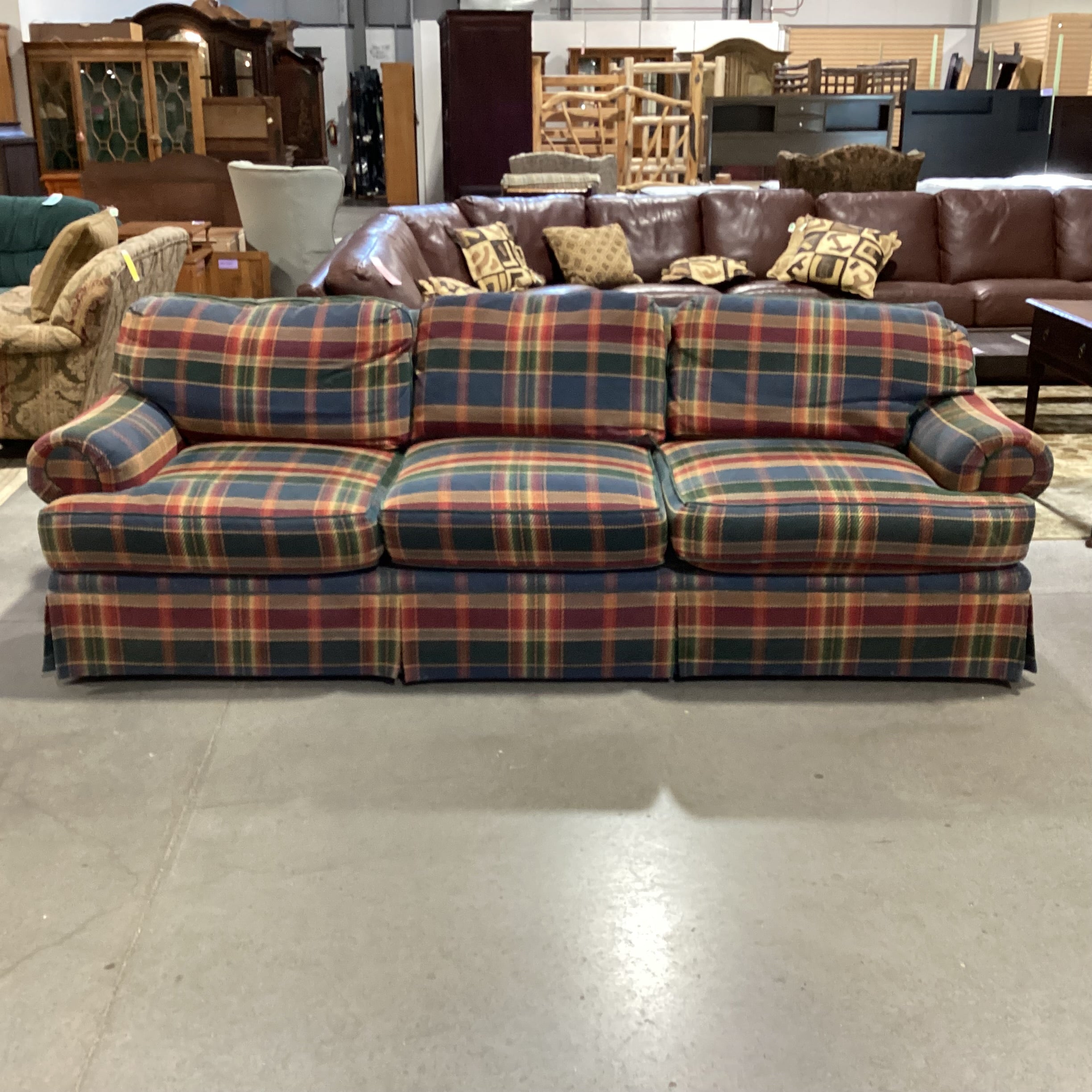 Blue Green Red Gold Plaid Sofa 98"x 38"x 31"