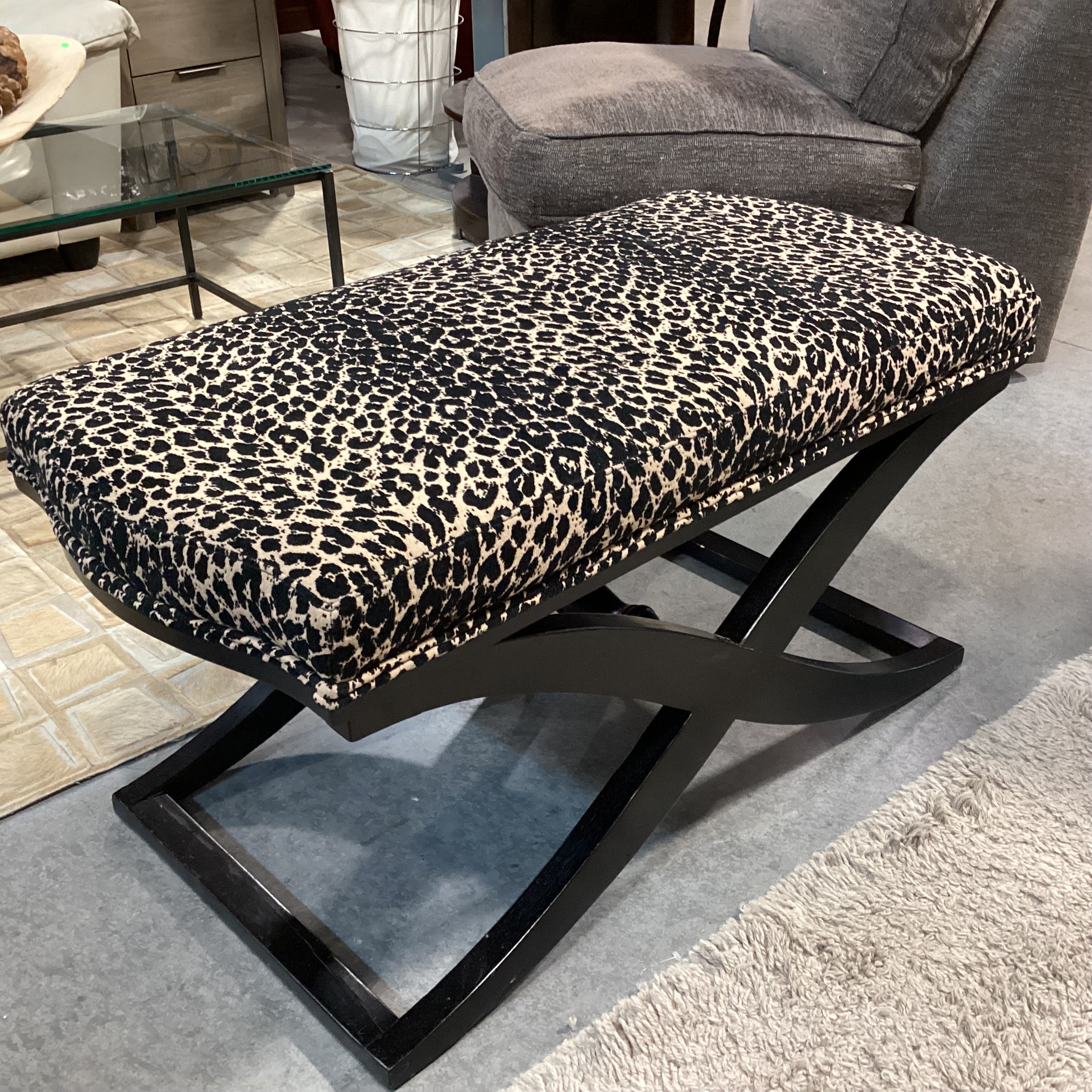 Animal Print with Black Wood X Base Bench 40"x 20"x 21"