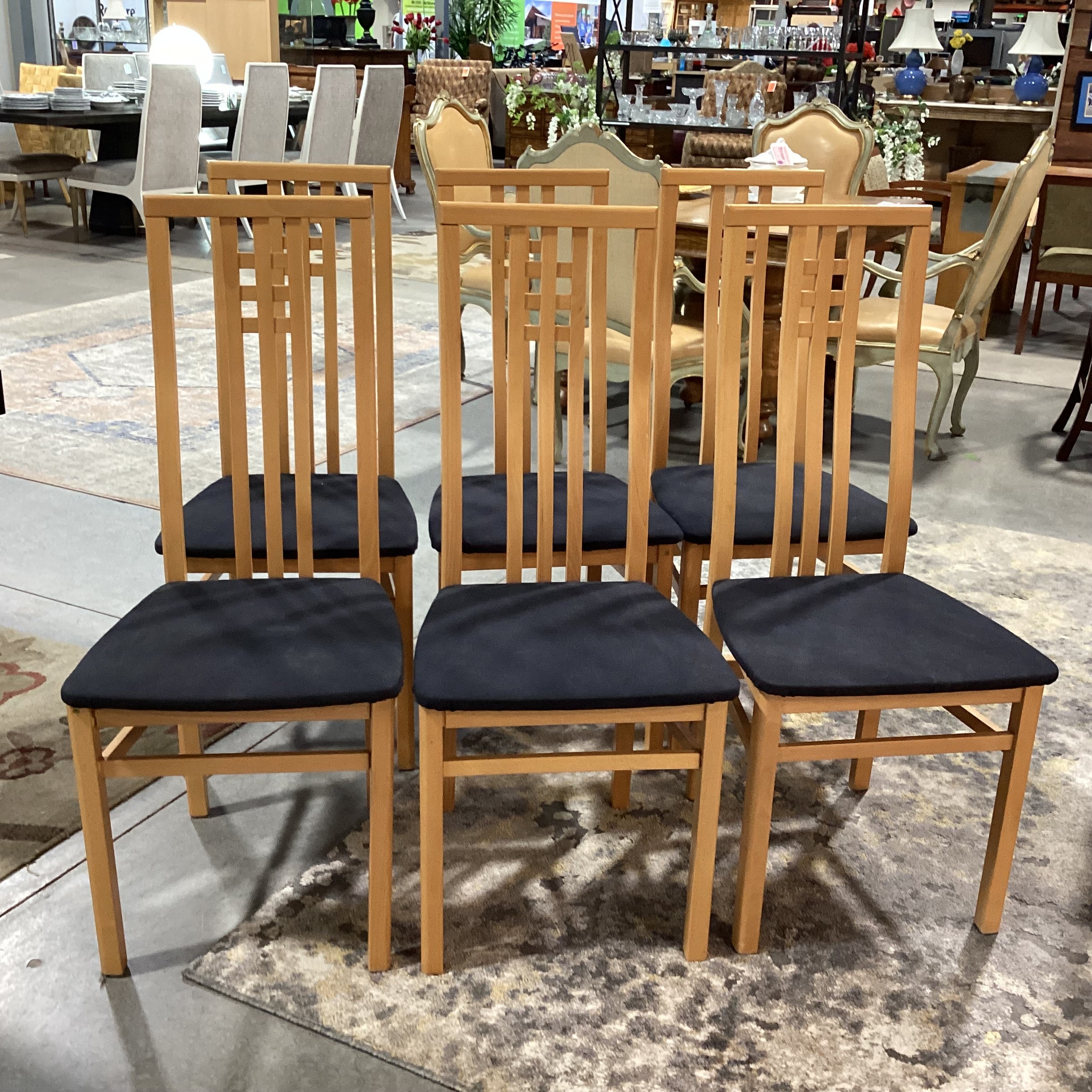 SET of 6 IMS SRL Made in Italy Arts & Crafts Style Italian Teak & Black Canvas Dining Chairs 18"x 21"x 42"