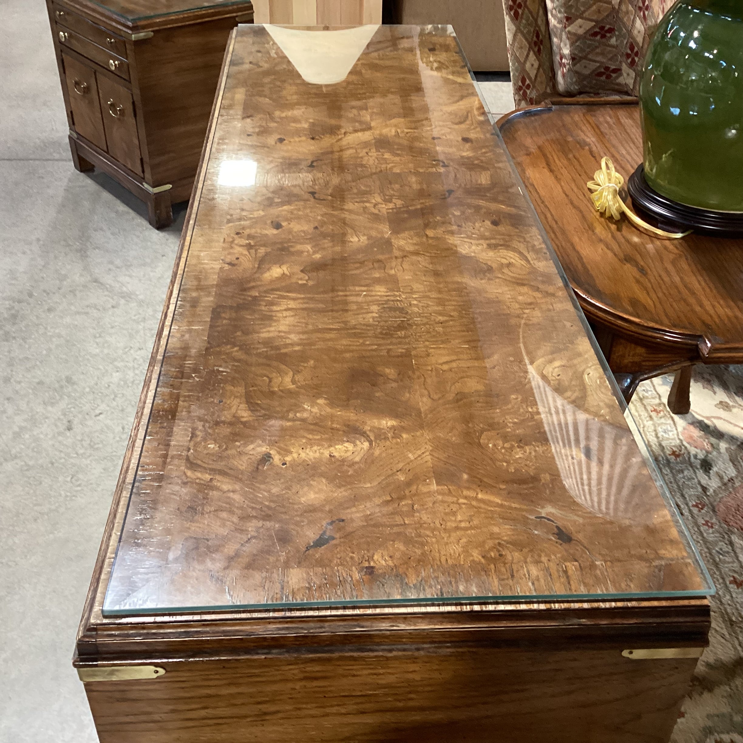 Vintage Lane Campaign Style Wood & Burl Veneer 8 Drawer with Brass Accent & Glass Top Dresser 64"x 19"x 30"