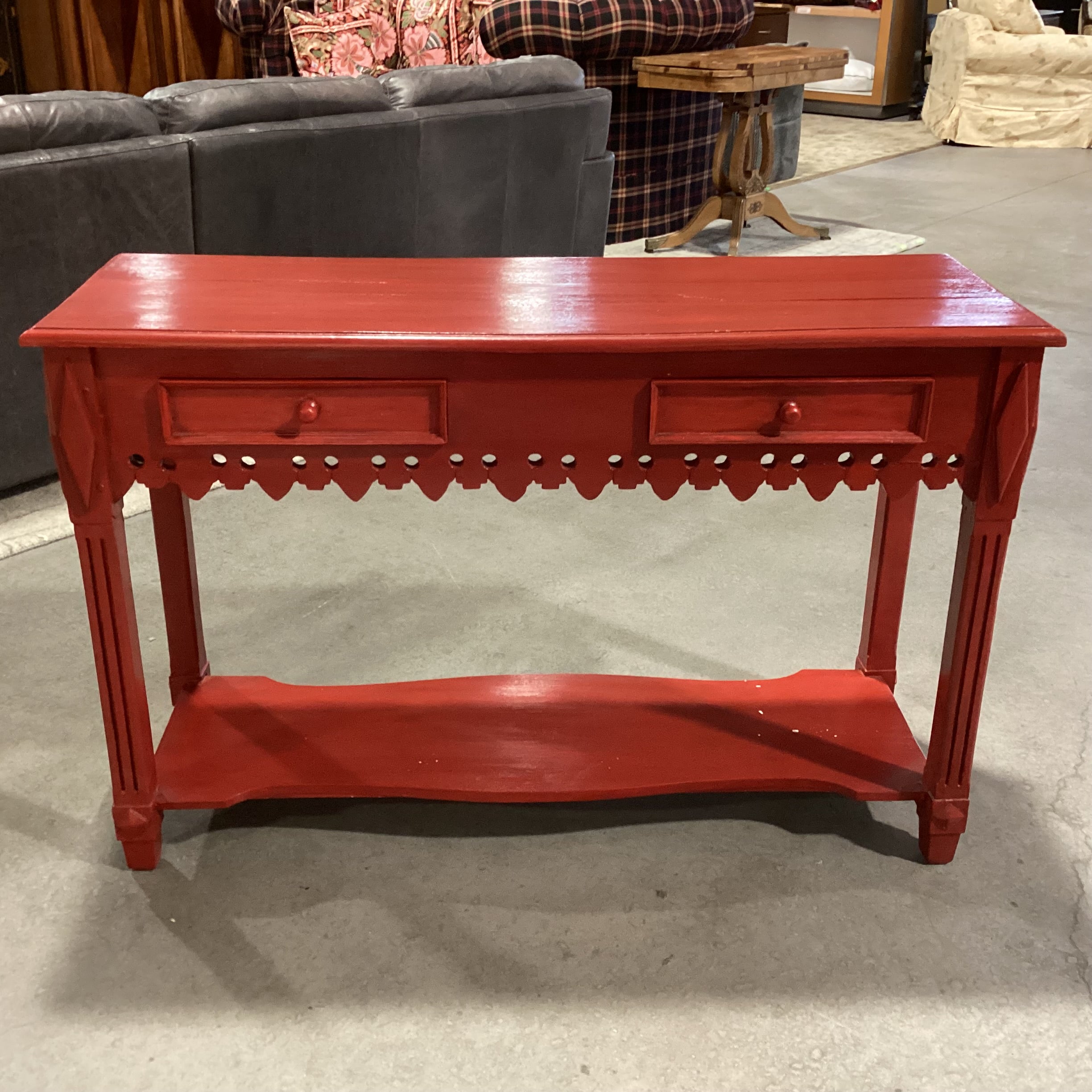 Red Finished Carved Wood 2 Drawer with Bottom Shelf Sofa Table 47"x 17"x 30"