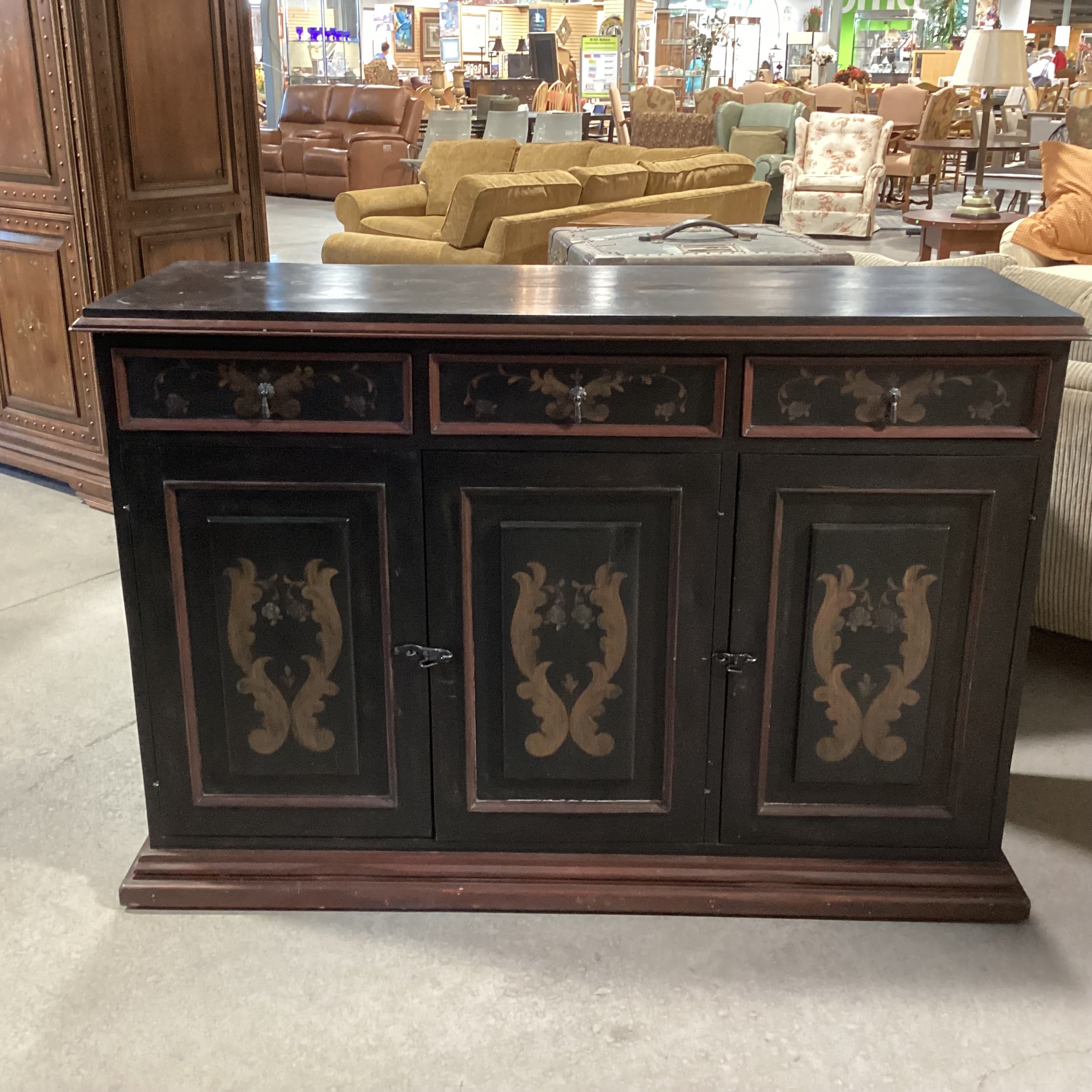 Black & Red Antiqued with Gold Ornate Painted Detail 3 Drawer 3 Door with Shelves Sideboard 60"x 21"x 41"