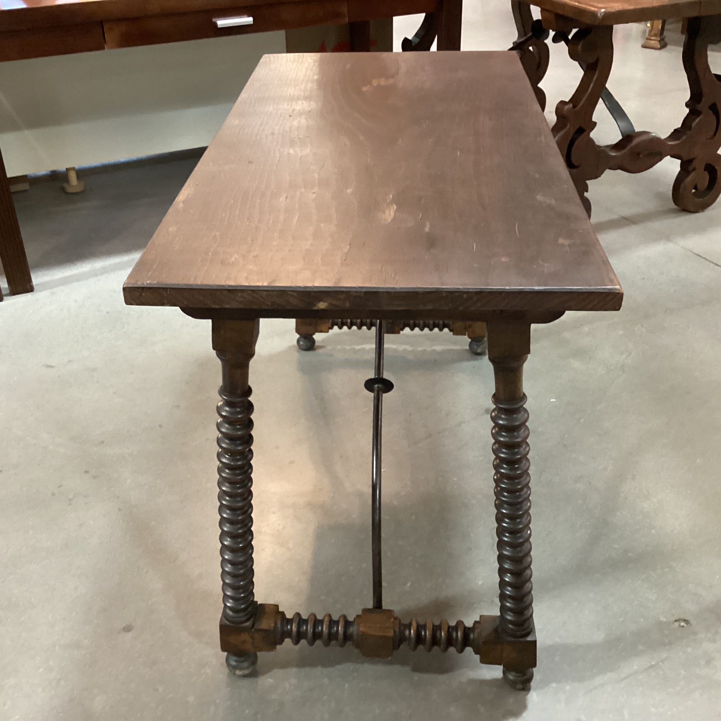 Antique Dark Finish Wood with Bobbin Turnings & Iron Stretchers Accent Table 44.5"x 22"x 28.5"