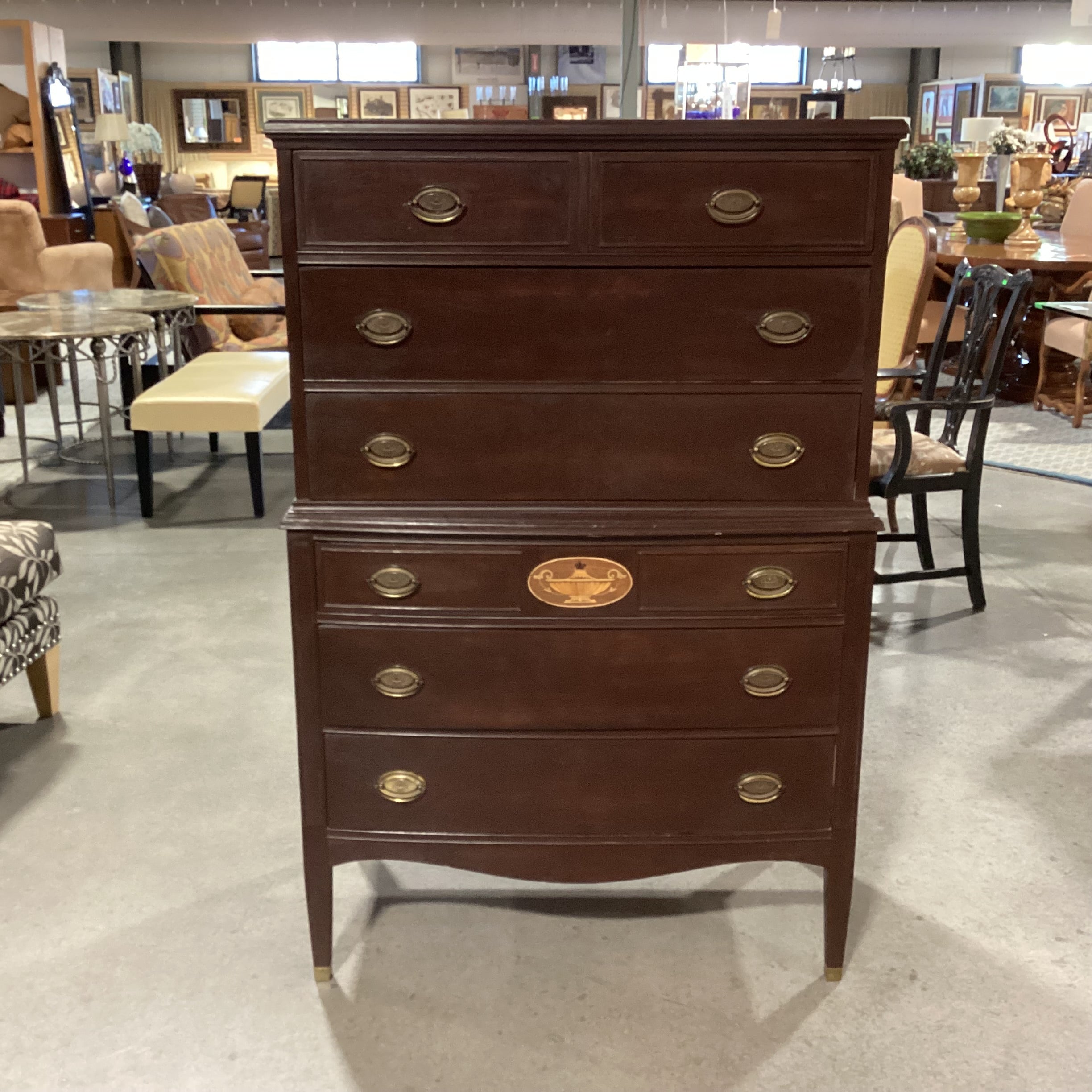 Antique Finished Wood with Inlay Detail 6 Drawer Chest 36"x 20"x 54.5"