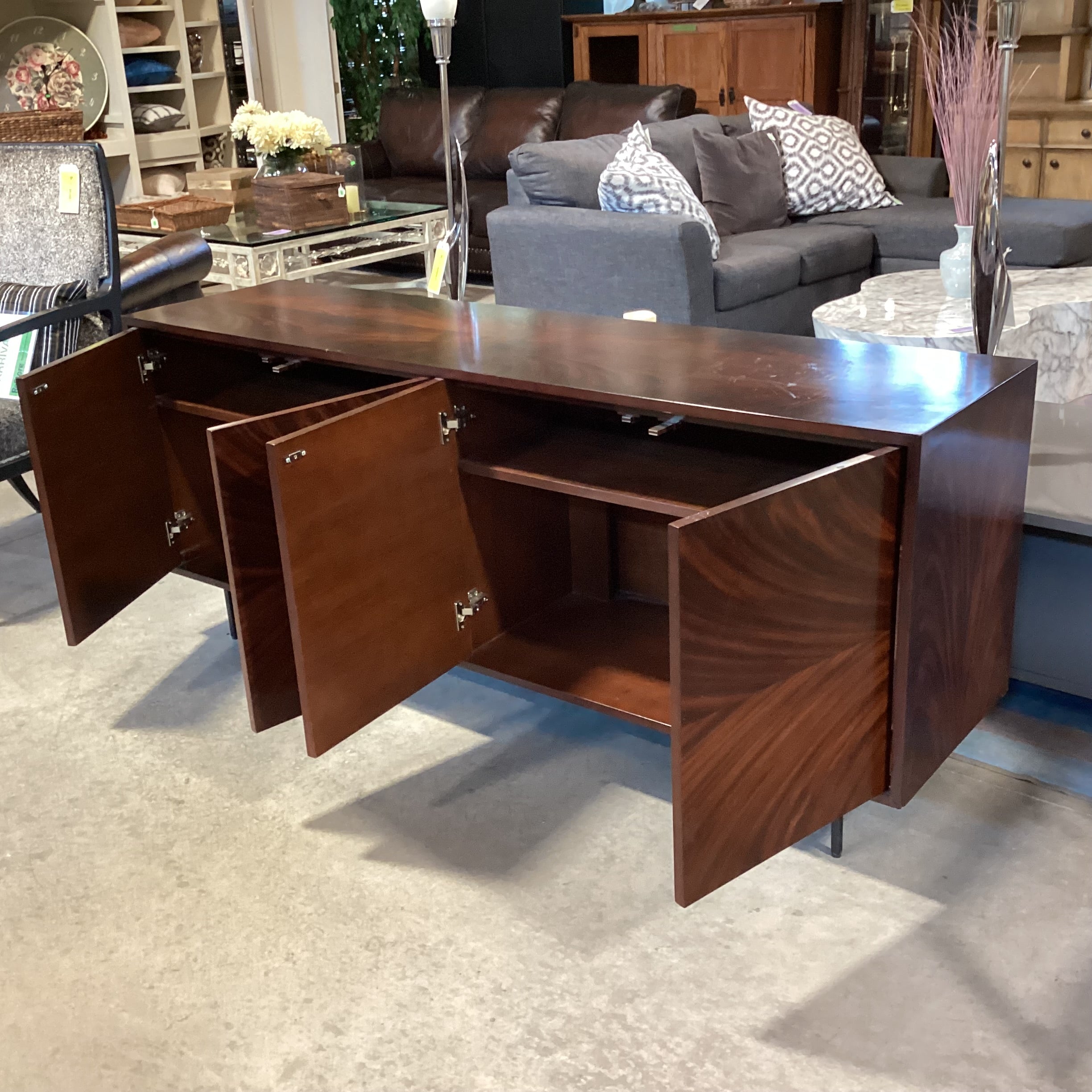 Modern Matched Finished Veneer & Wood 4 Door with Shelves Credenza 71"x 18"x 30"