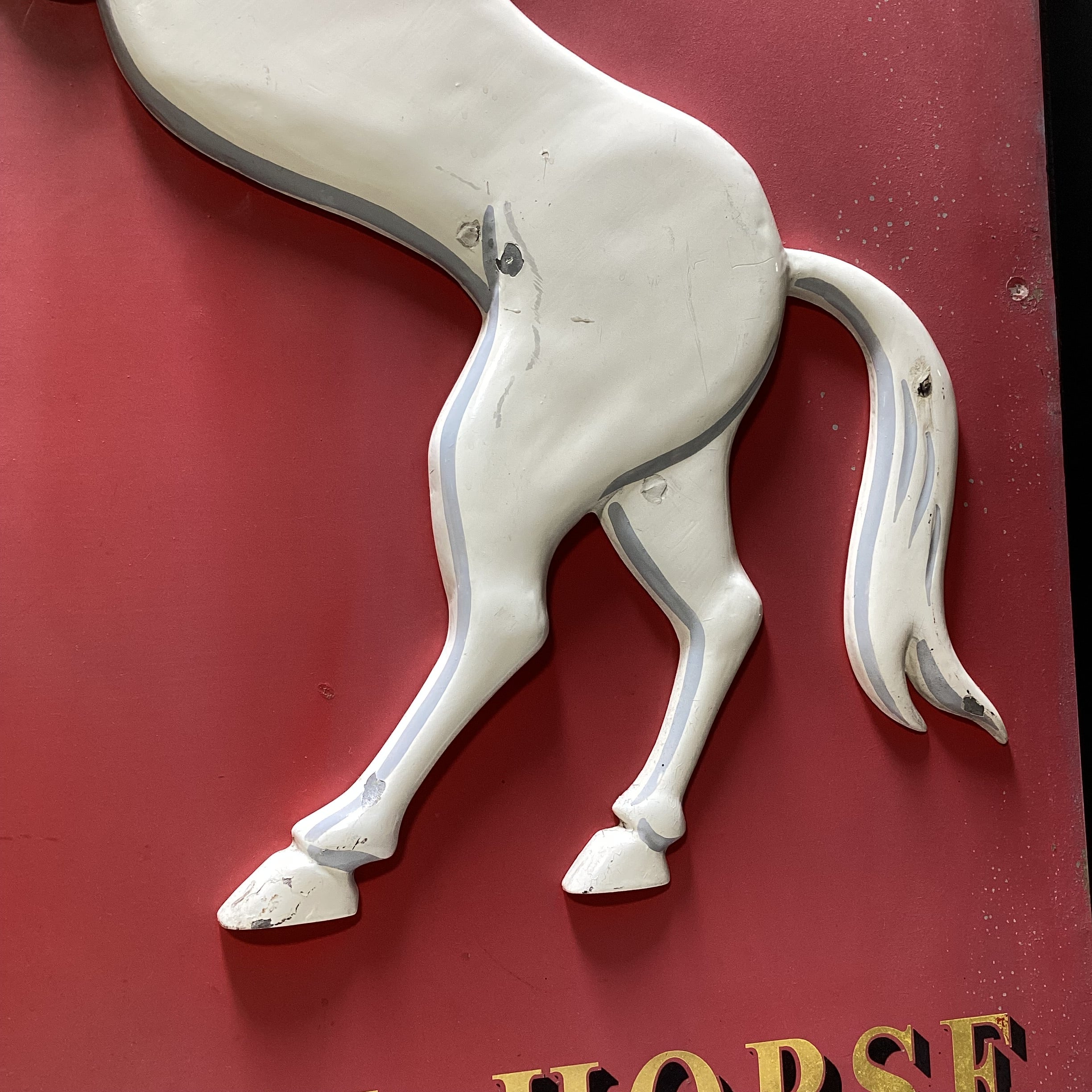 Vintage "White Horse" Wooden Sign With Enamel Horse 27" x 41"