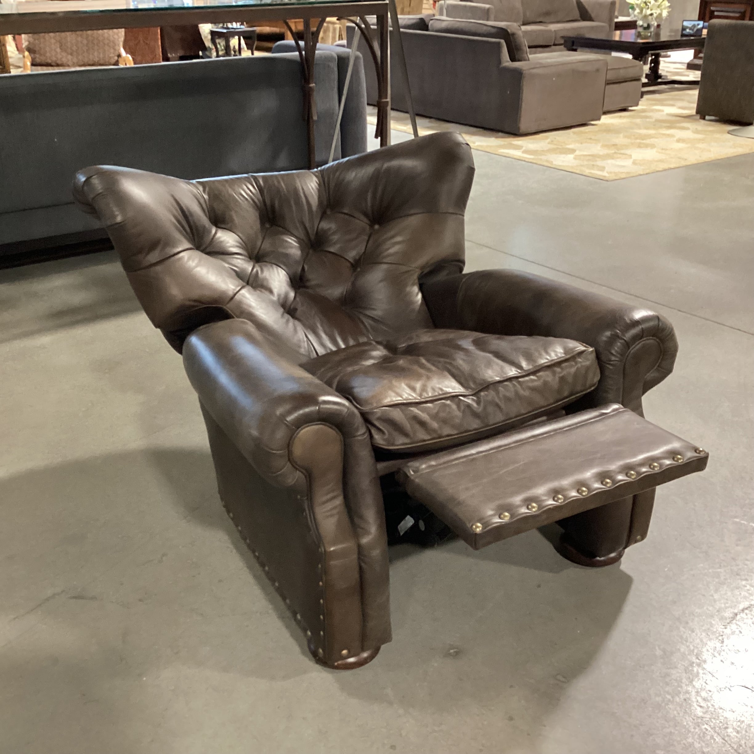 Restoration Hardware Taupe Brown Leather Tufted Nailhead Recliner Chair 42"x 36"x 36"