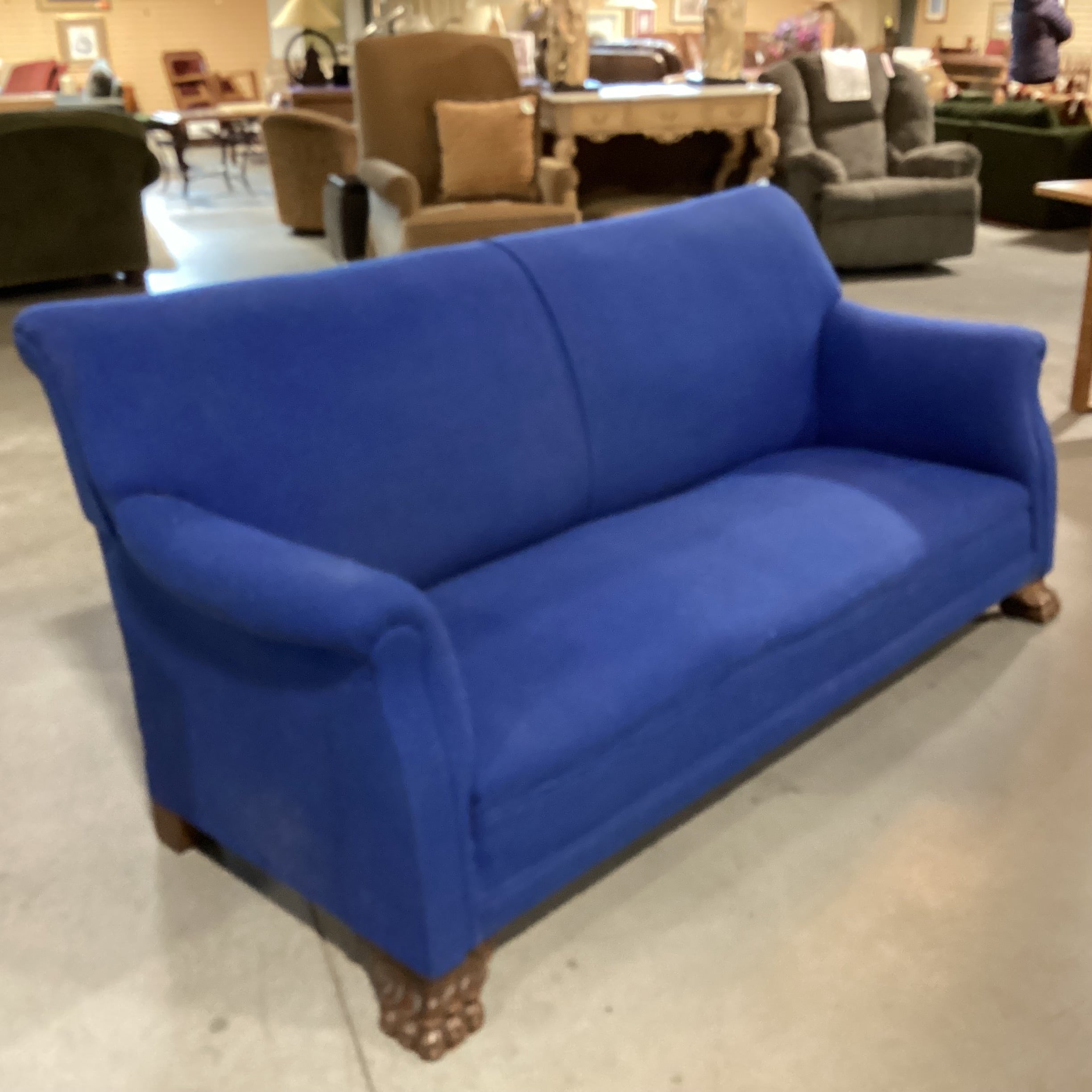 Royal Blue Woven & Carved Clawfoot Sofa 79"x 33"x 37"