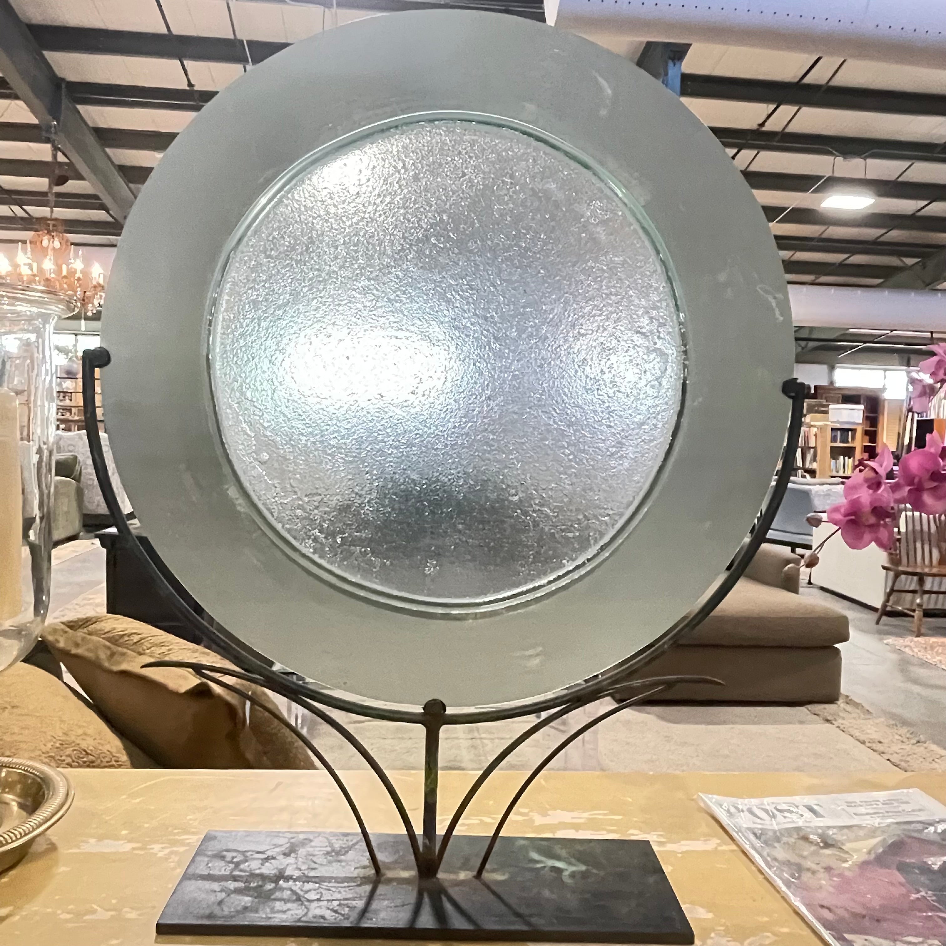 Tony Evans Signed Hand Blown, Handpainted Art Glass Gold Swirls on Turquoise Rim Charger  with Heavy Modern Iron Stand/Pedestal, 24"x 29.5"