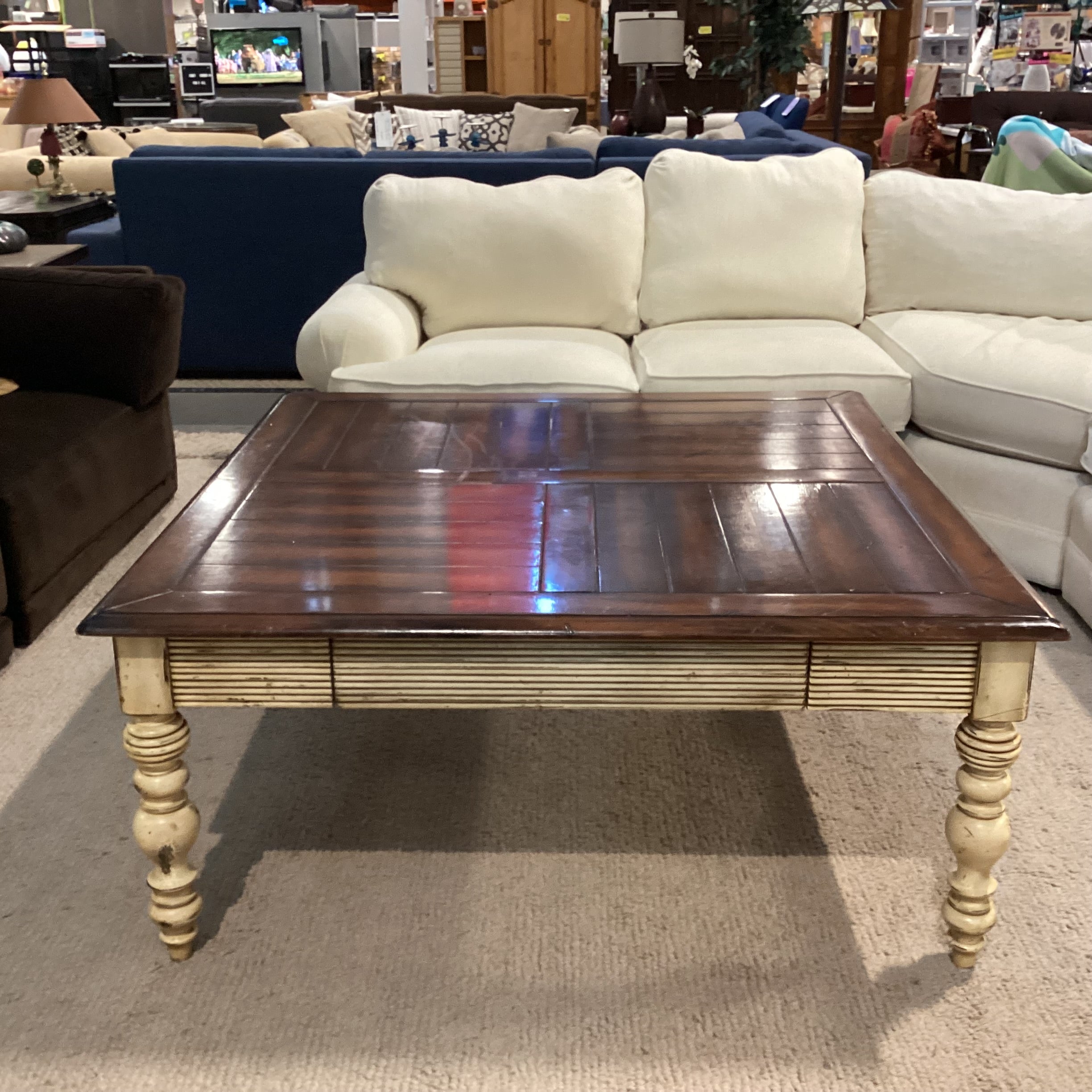 Antiqued Cream & Dark Finished Carved Wood 2 Drawer Coffee Table 48"x 48"x 21"