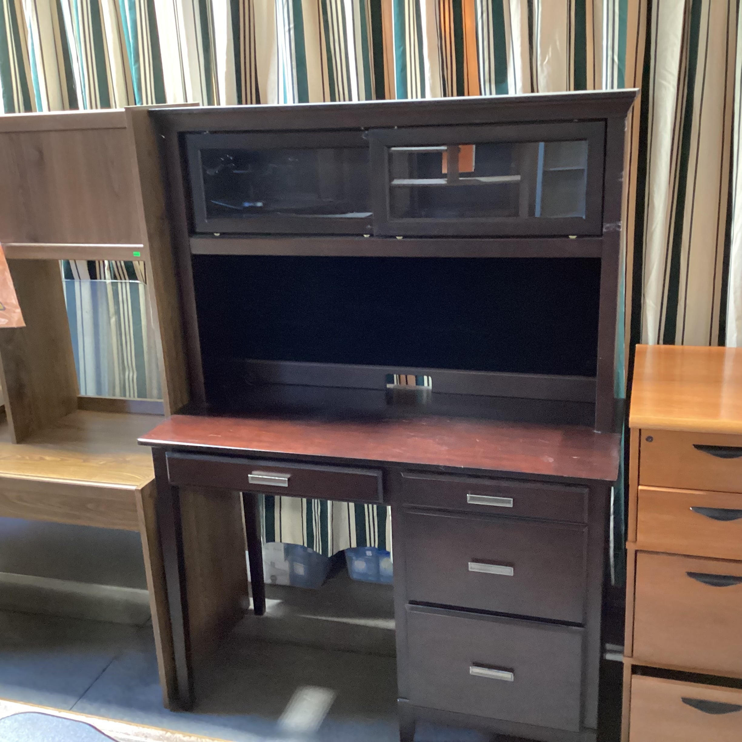 Solid Dark Wood Desk with 3 Drawers and Over Head Display Case 52"x 24"x 71"