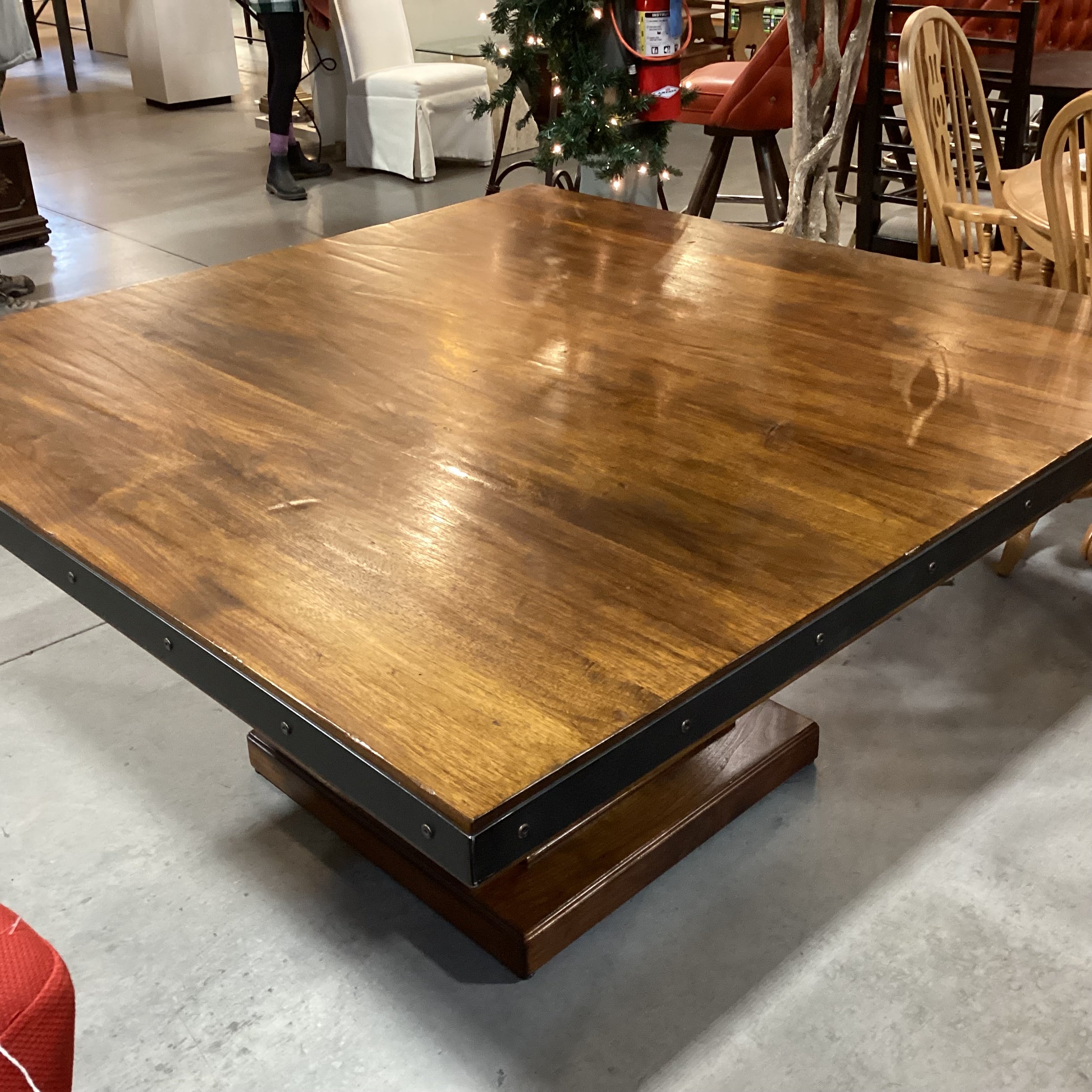 Custom Square Walnut with Pedestal & Iron Nailhead Edge Detail Dining Table 60"x 60"x 30.5"