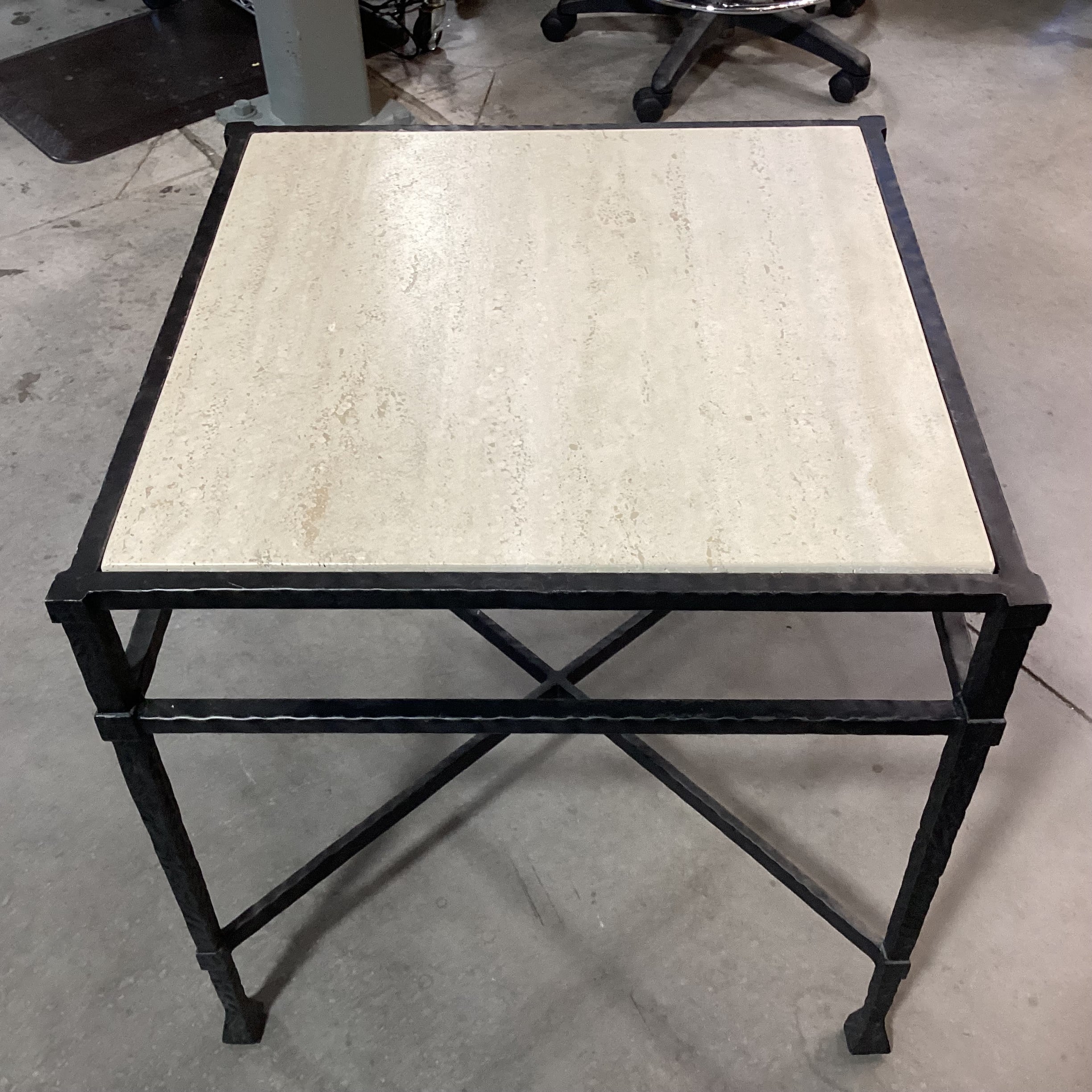 Textured Iron & Travertine Top Accent Table 25.5"x 25.5"x 25.25"