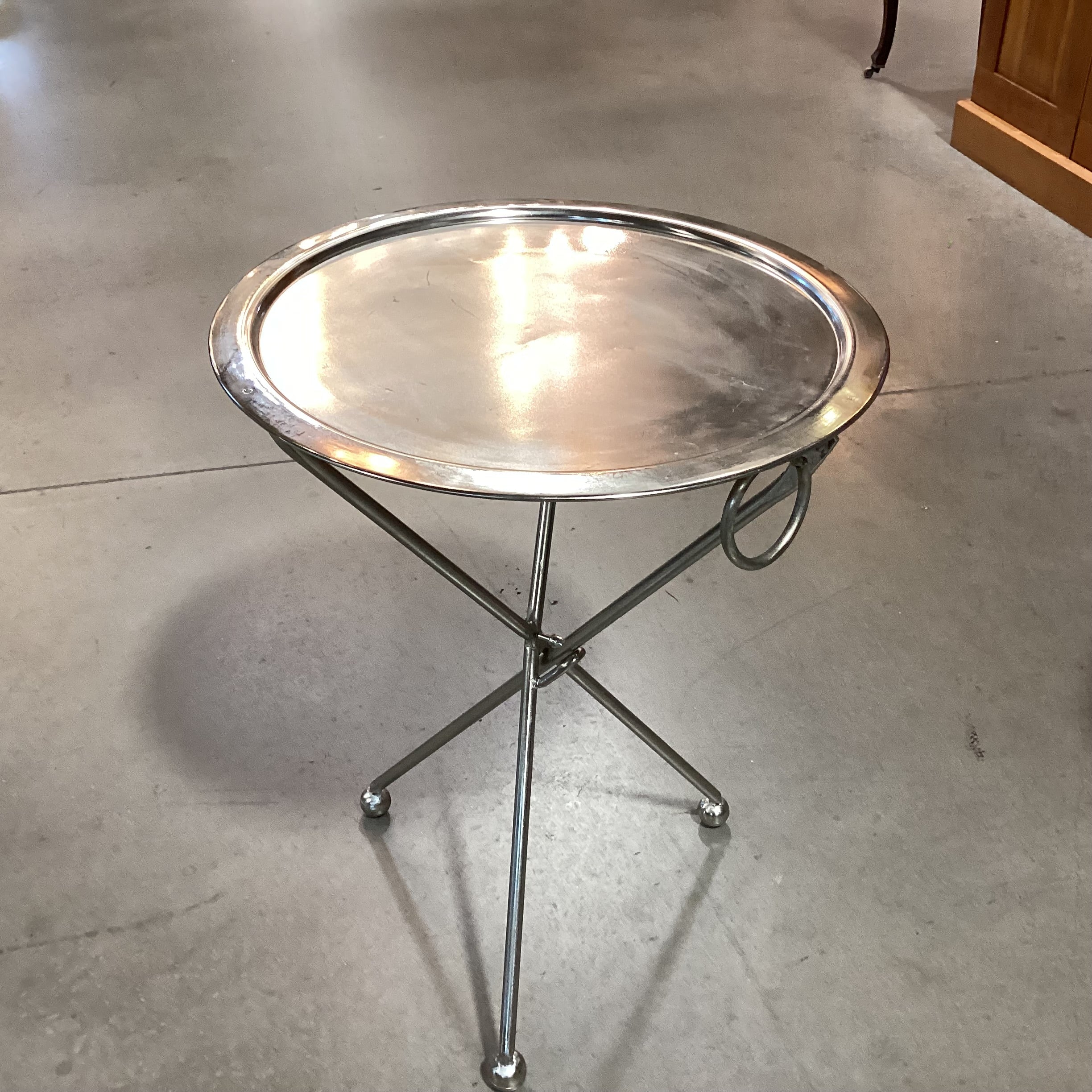Vintage Folding Silver Plated Tripod Tray Accent Table 18" Diameter x 24"