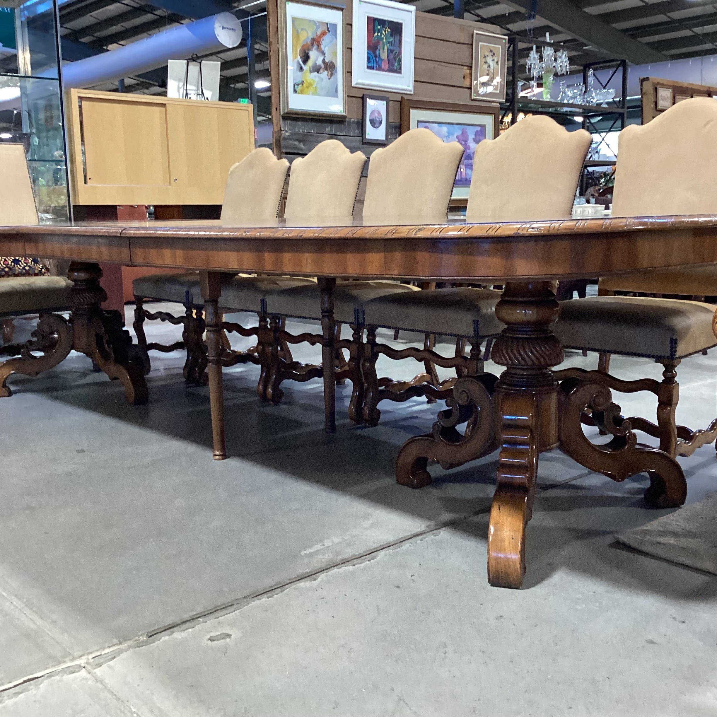 Alfonso Marina Ebanista Ornate Carved & Inlay 2 Leaves Double Pedestal Table with 12 Chairs Dining Set 142"x 60.5"x 30"