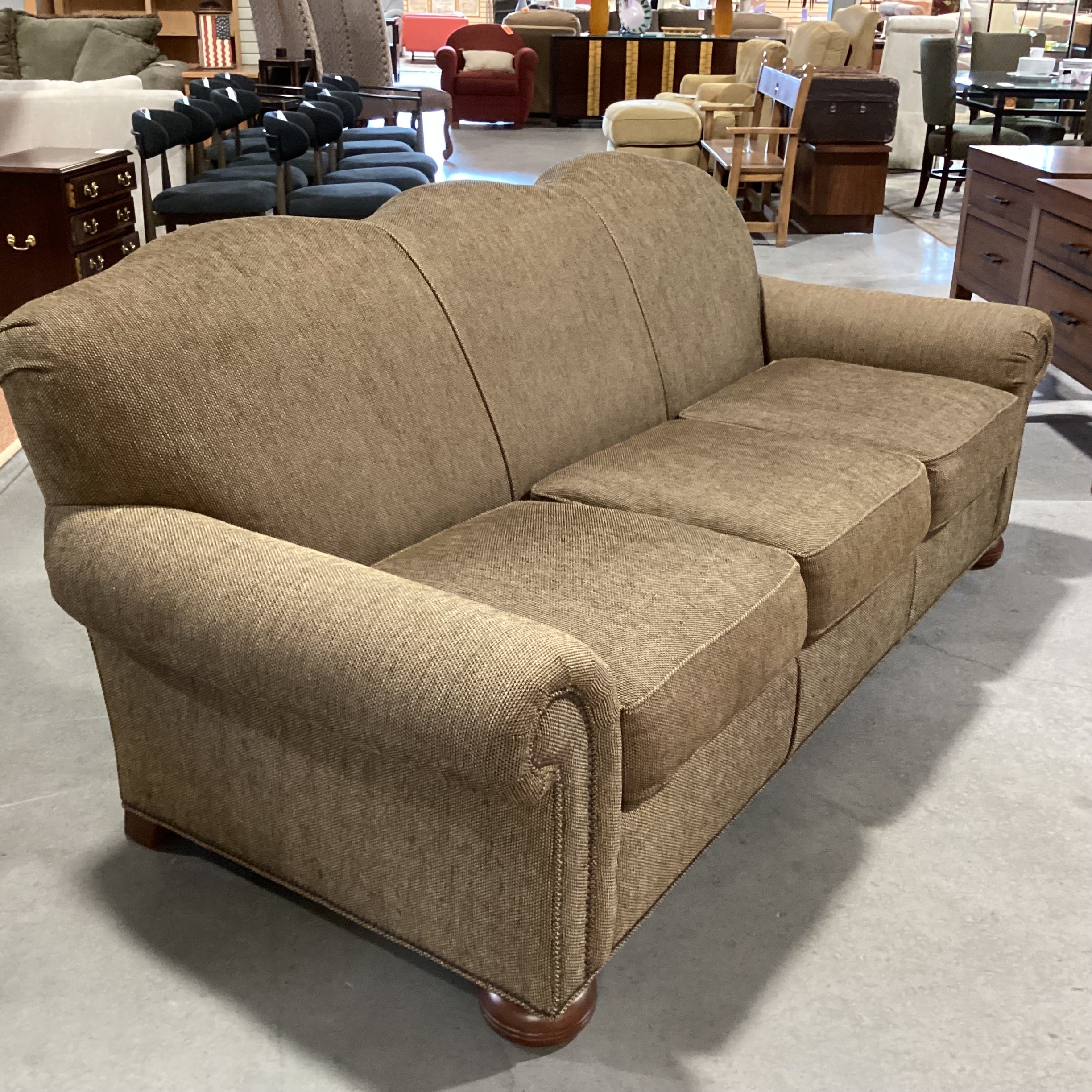 David Gilbert & Associates Brown Tan Woven Roll Arm Nailhead Sofa 87"x 38"x 36"