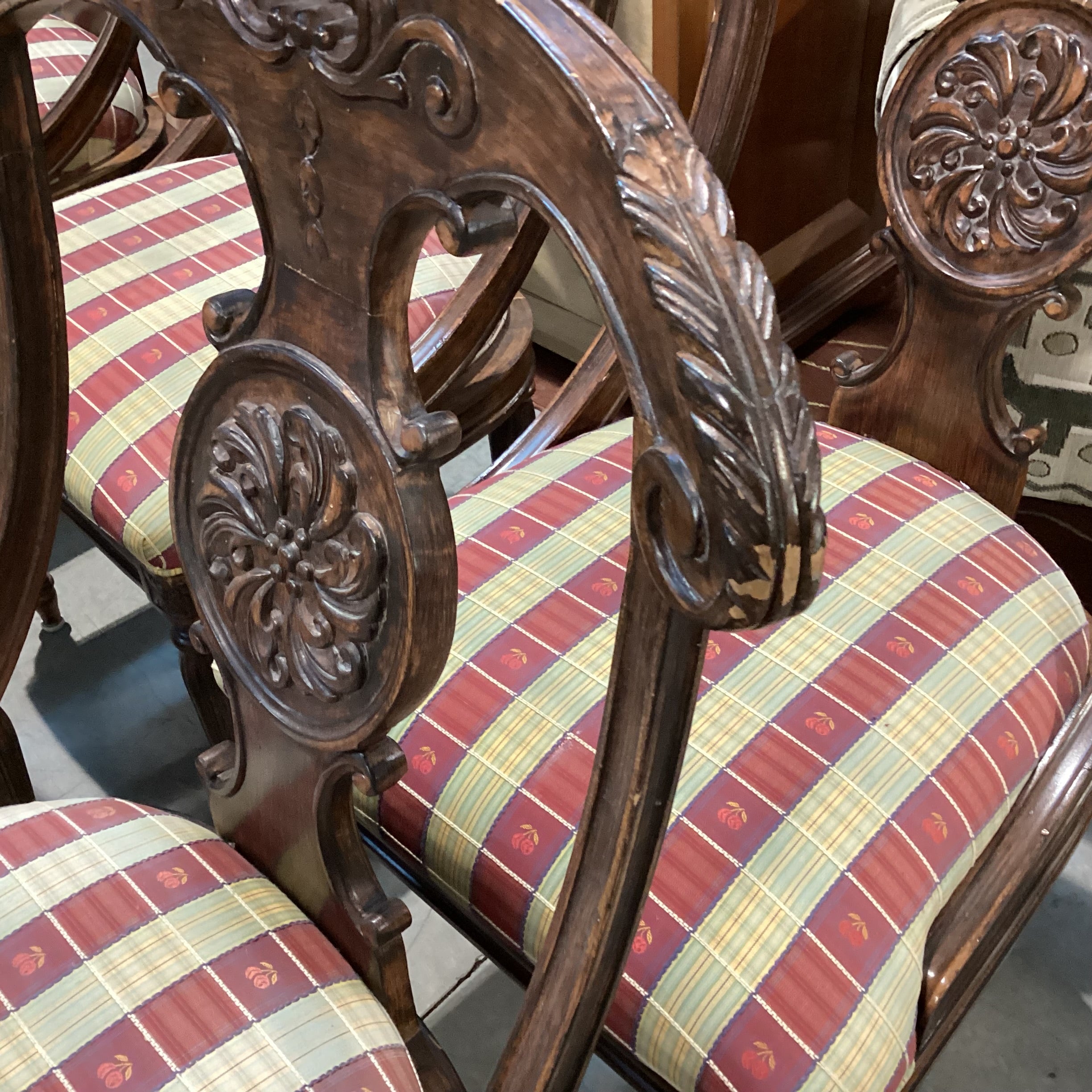 SET of 6 Ornate Carved Wood & Gold Red Cherry Ribbon Dining Chairs 20"x 24"x 38"