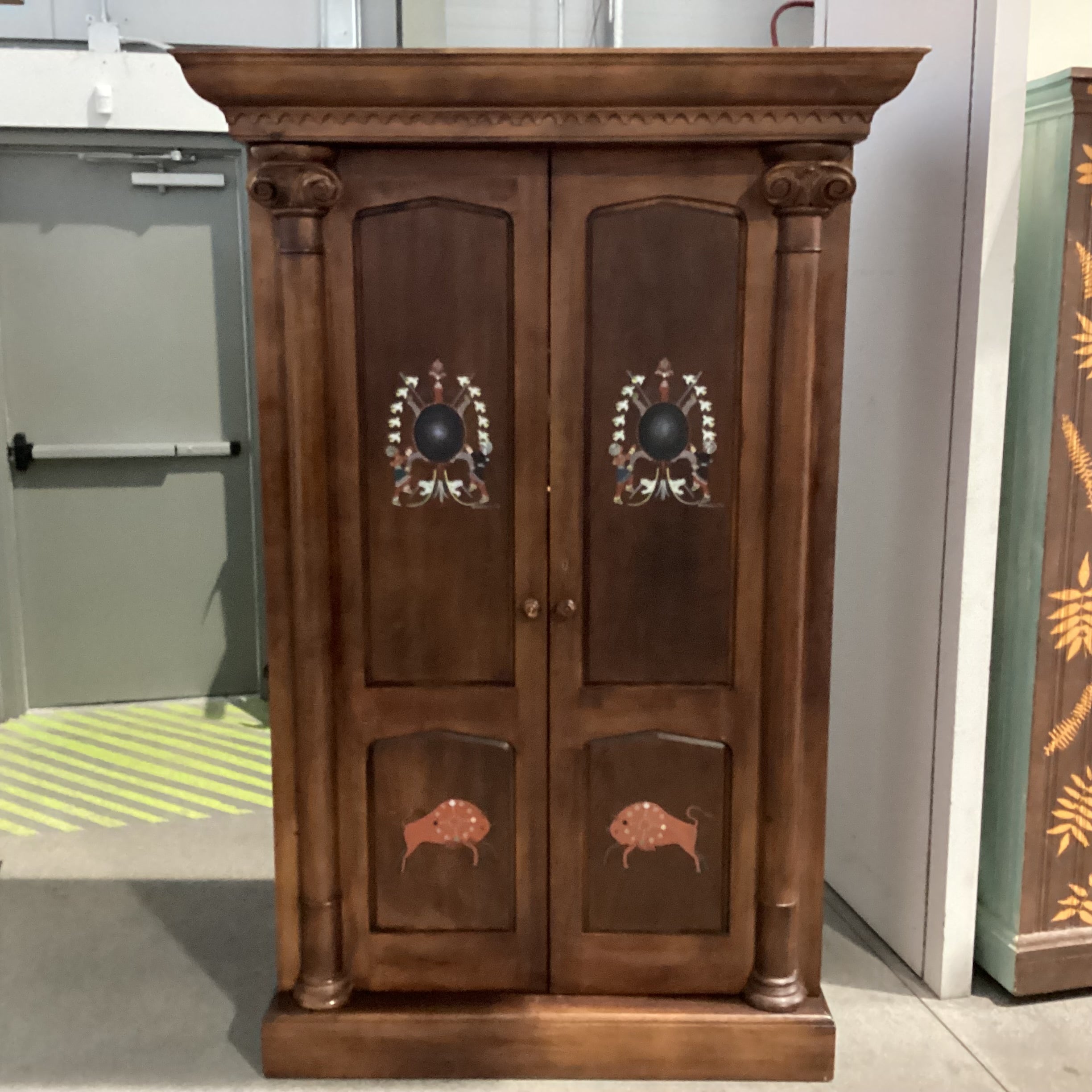 Custom Hand Painted Cheyenne Crow & Sioux Medicine Wheel Dark Finish Carved Wood Wardrobe Armoire 52.5"x 30.5"x 81"