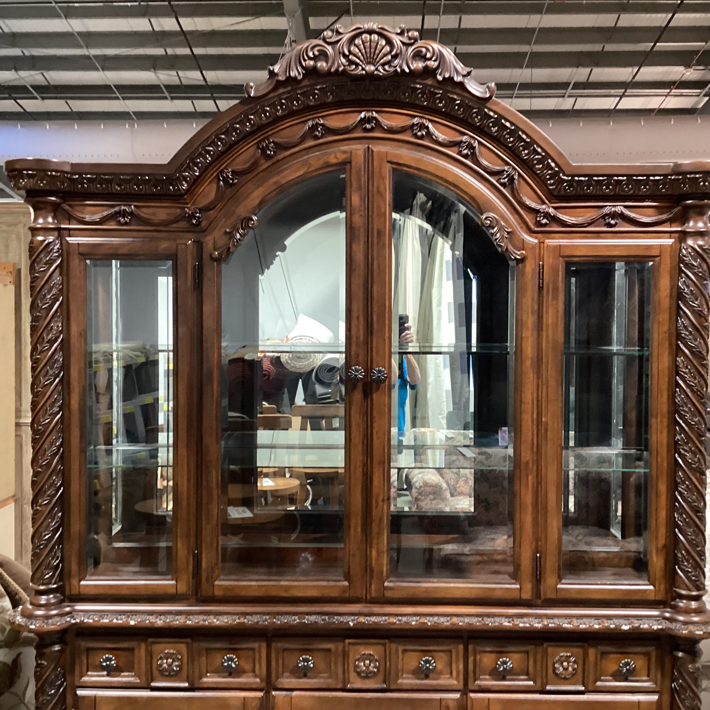 Ashley Furniture North Shore Ornate Carved Wood & Glass 2 Piece China Hutch 71"x 19"x 91"