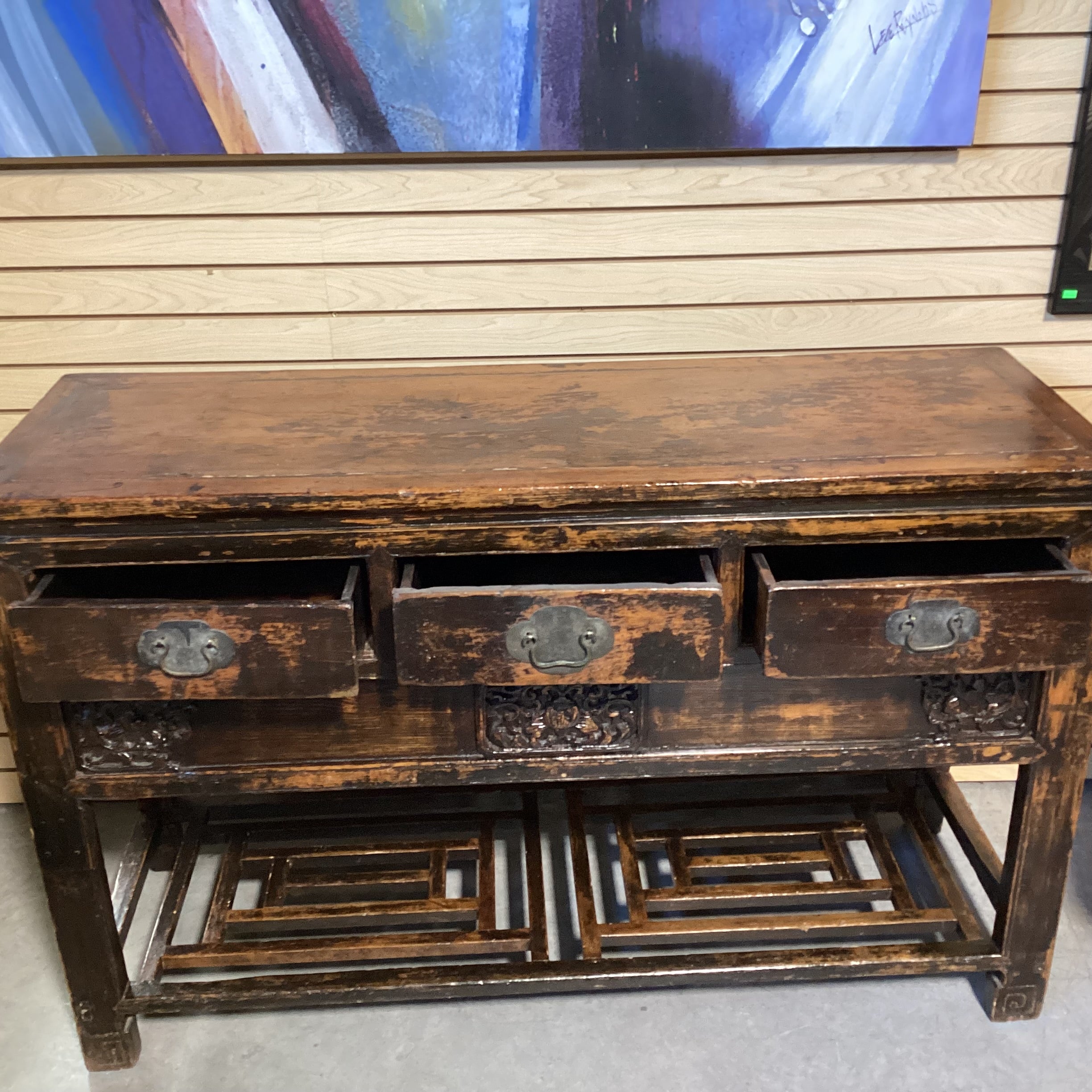 Vintage Antique Asian Carved Wood Lacquer Distressed Buffet 54.5"x 18.5"x 35"