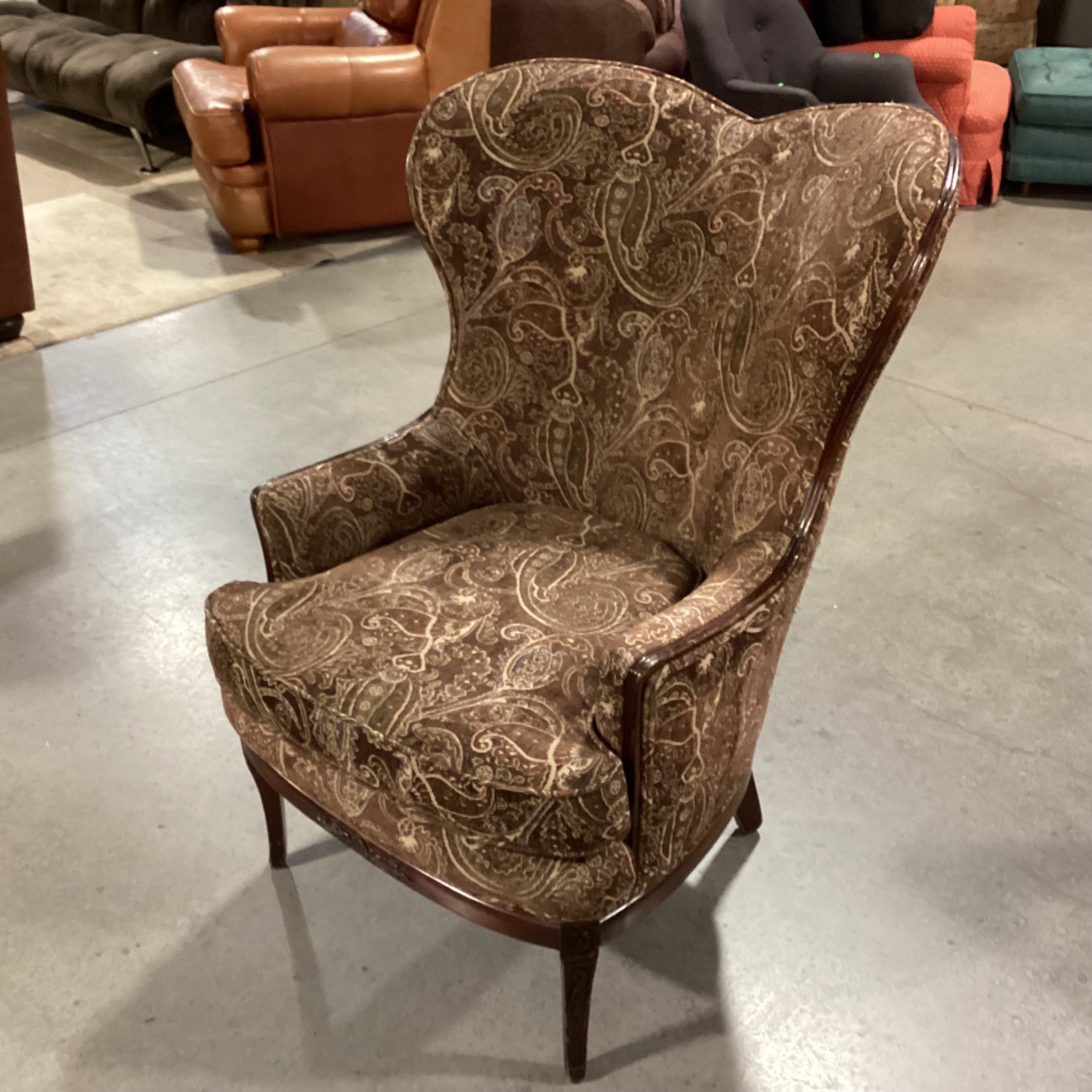 Vintage Brown Tones Paisley & Carved Wood Wing Chair 26"x 36"x 43"