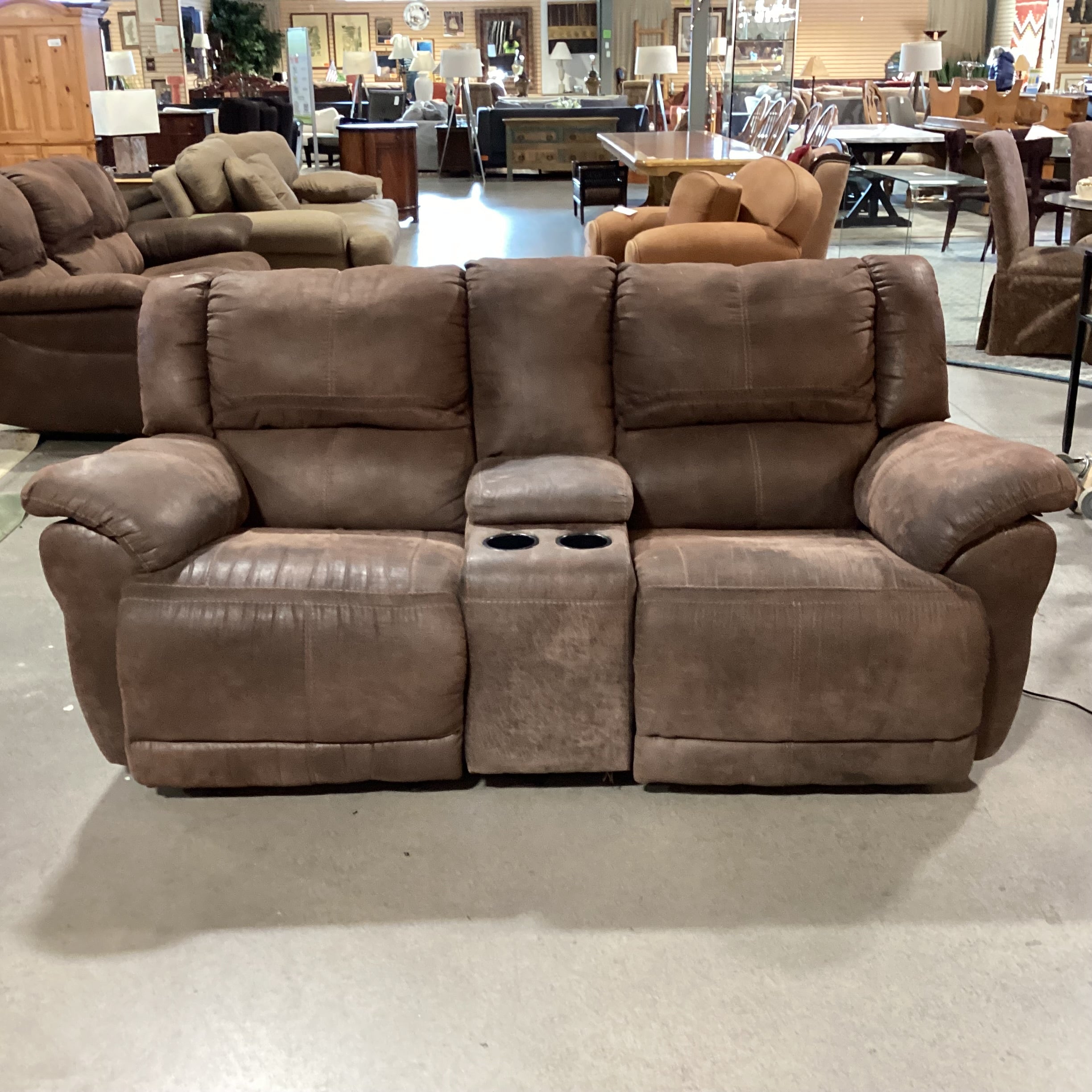 Brown Micro Suede Double Recling with Console Power Sofa 80"x 38"x 36"