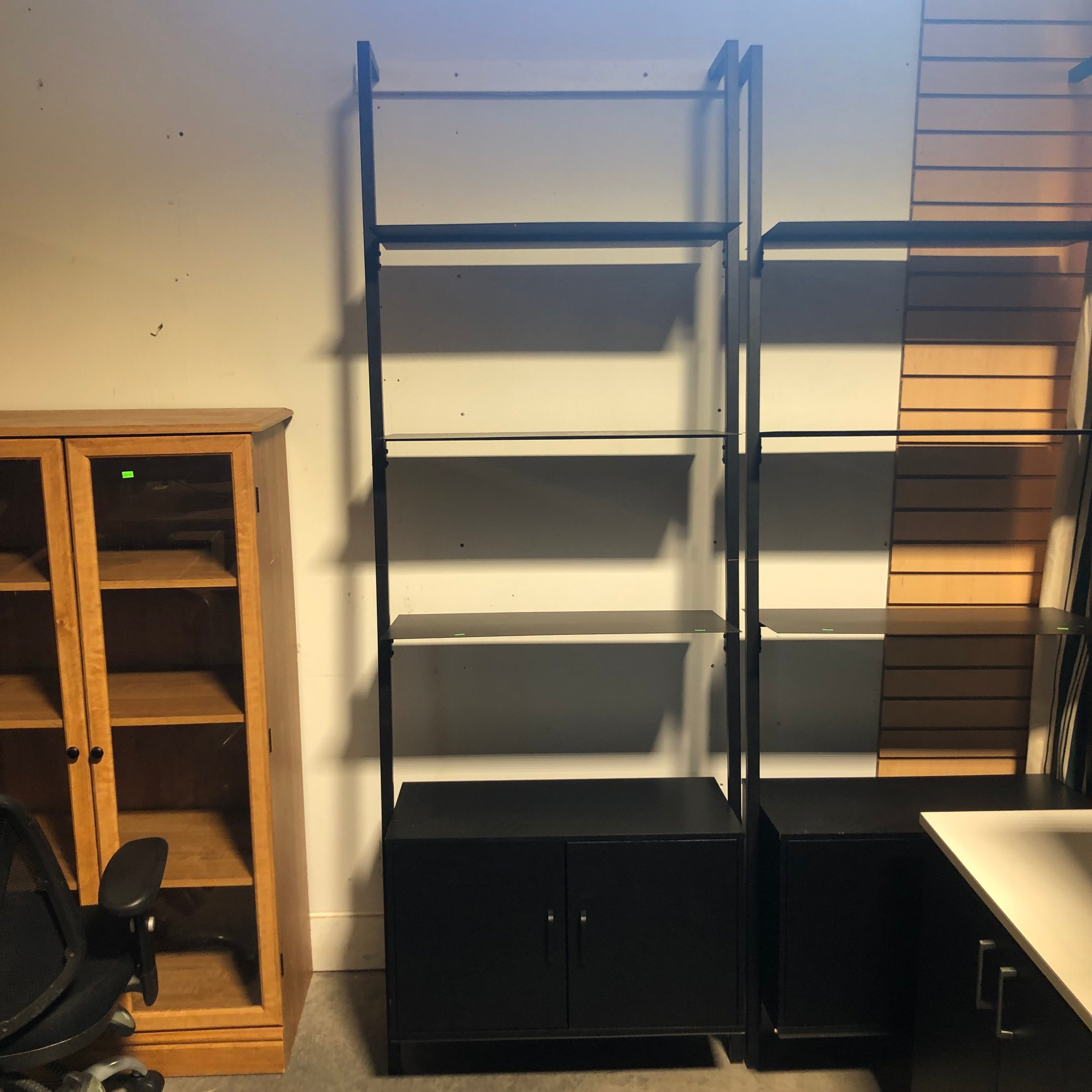 Black Metal & Wood Leaning Book Shelf with Drawer 30"x 22"x 83.5"