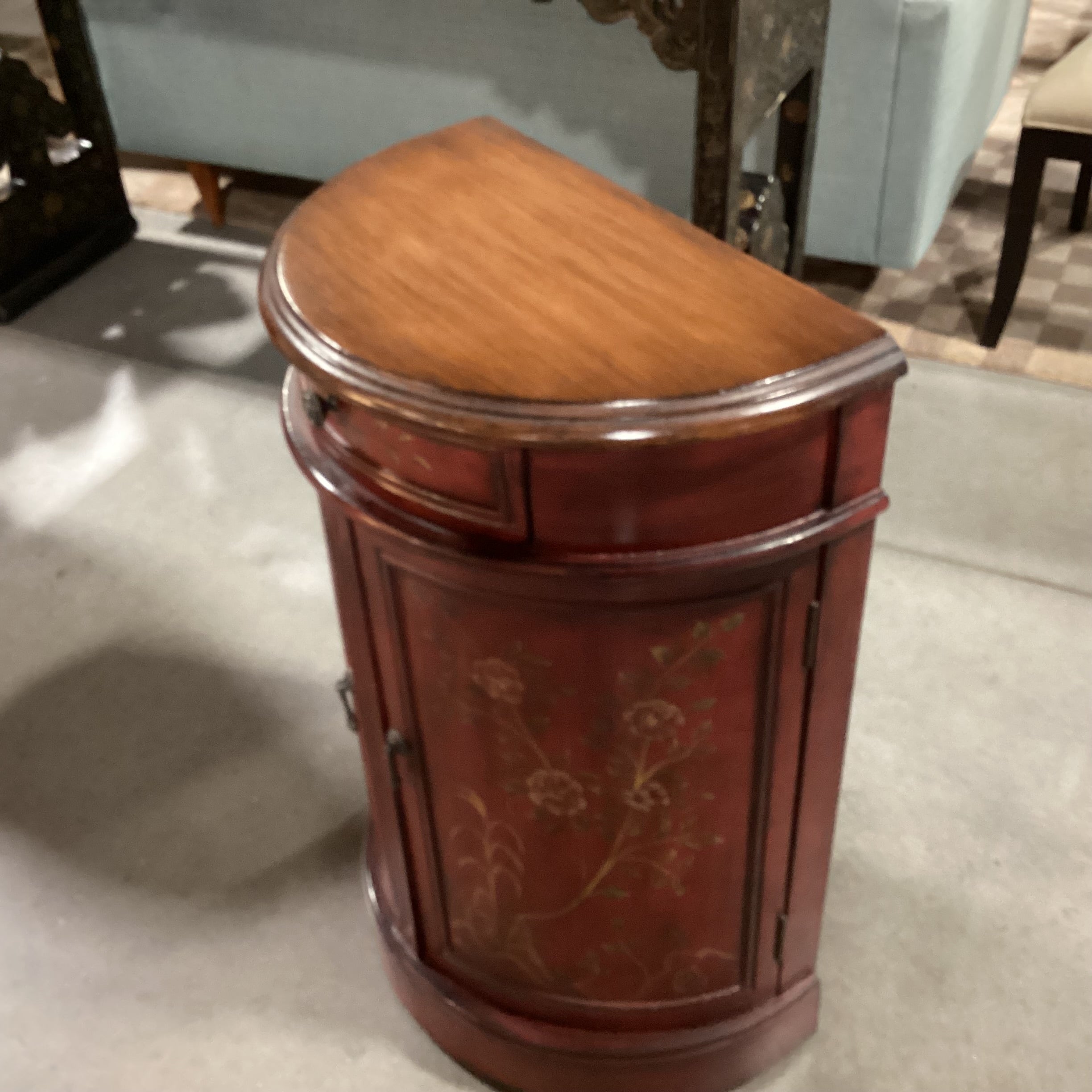 Antiqued Red Painted Floral 1 Drawer 2 Door Demilune Cabinet End Table 22"x 13"x 32.5"